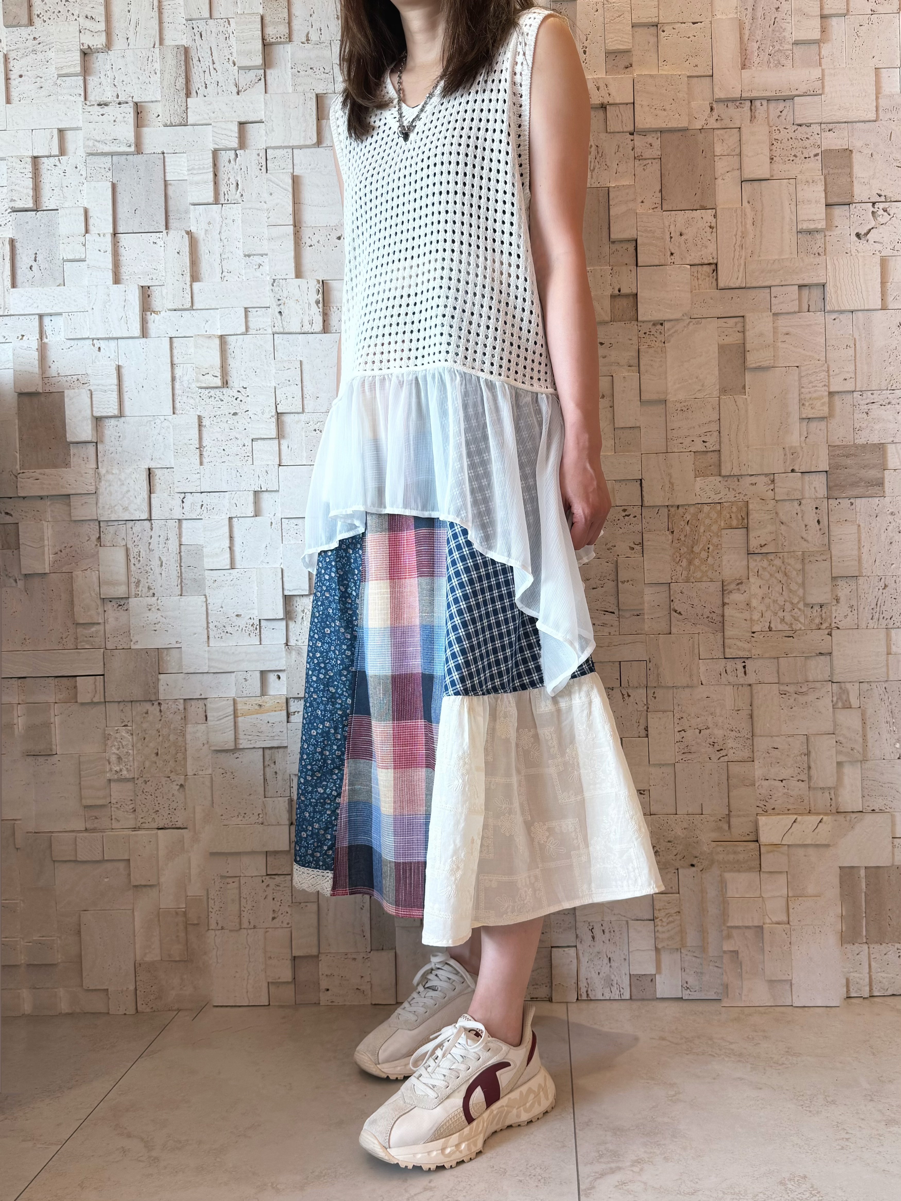 #2096 針織拼薄紗背心☁️