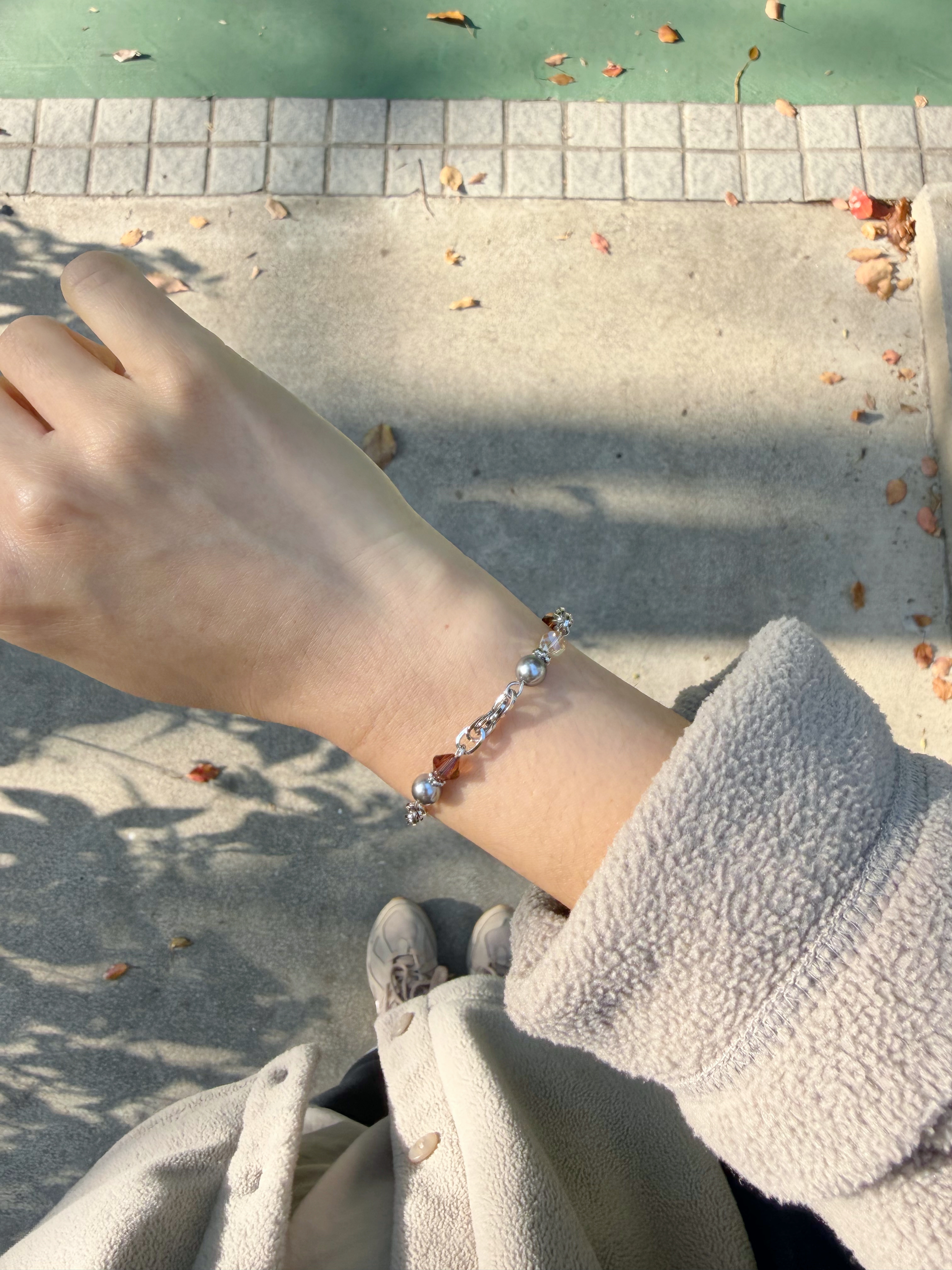 復古款水晶手鍊/棕色x銀色