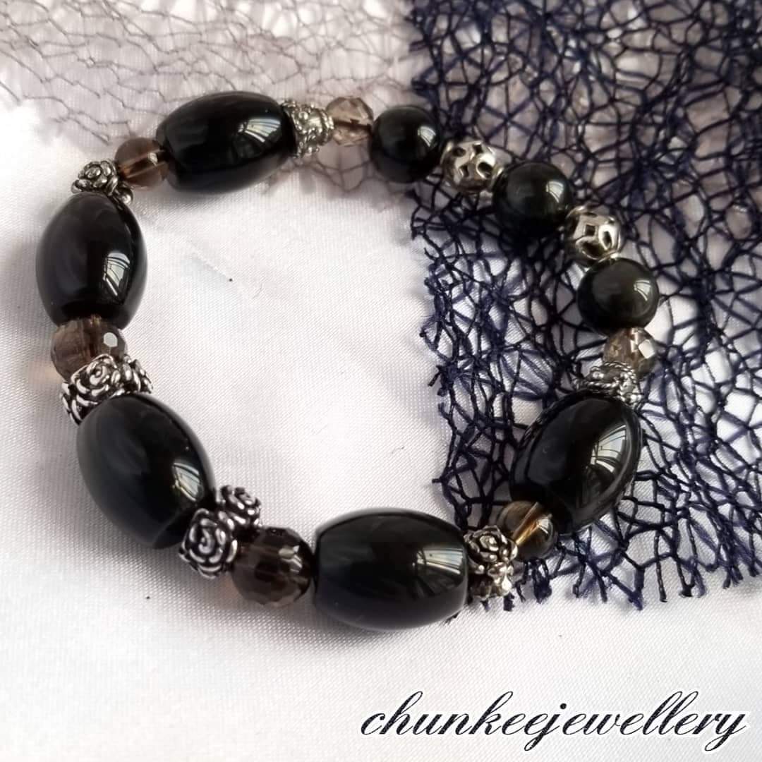 黑曜石茶水晶藏銀手鏈