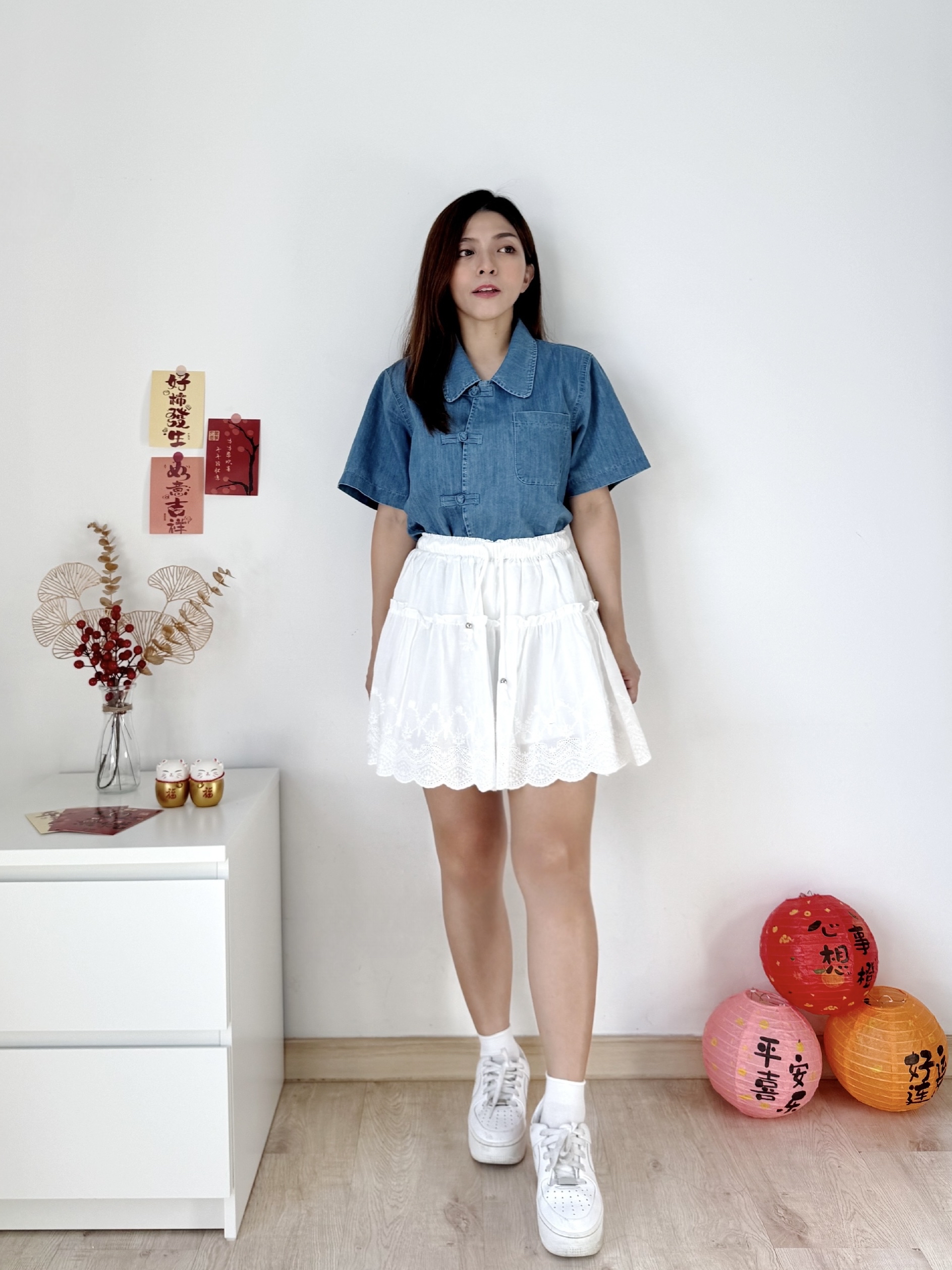 Oriental Polo Denim Blouse 新中式盘扣牛仔上衣 (1 colour )