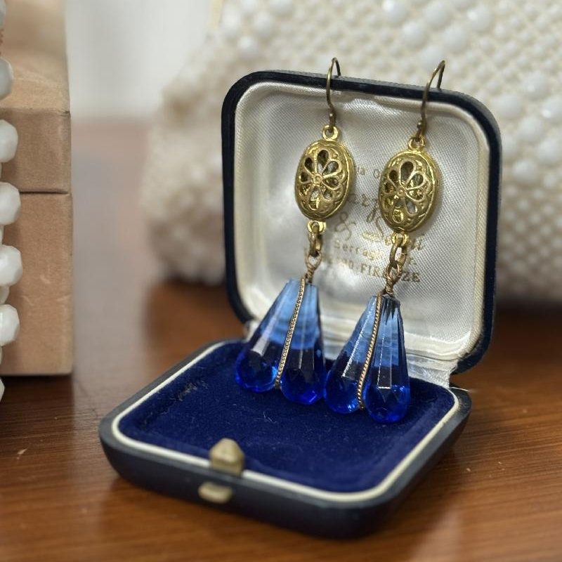 Vintage Recomposed Design with Antique Czechoslovakian Blue Double Glass - Hook Earrings(B053)