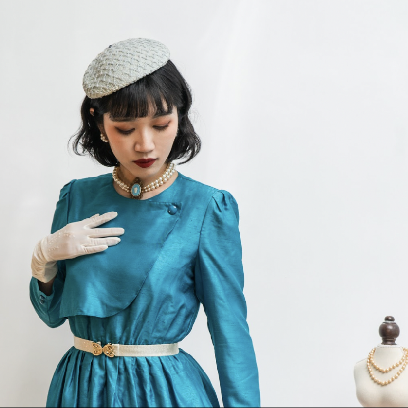 C.a. 1950-60s Vintage Light Cyan Lace Netting Small Saucer/Flat Hat from Canada(MT964)