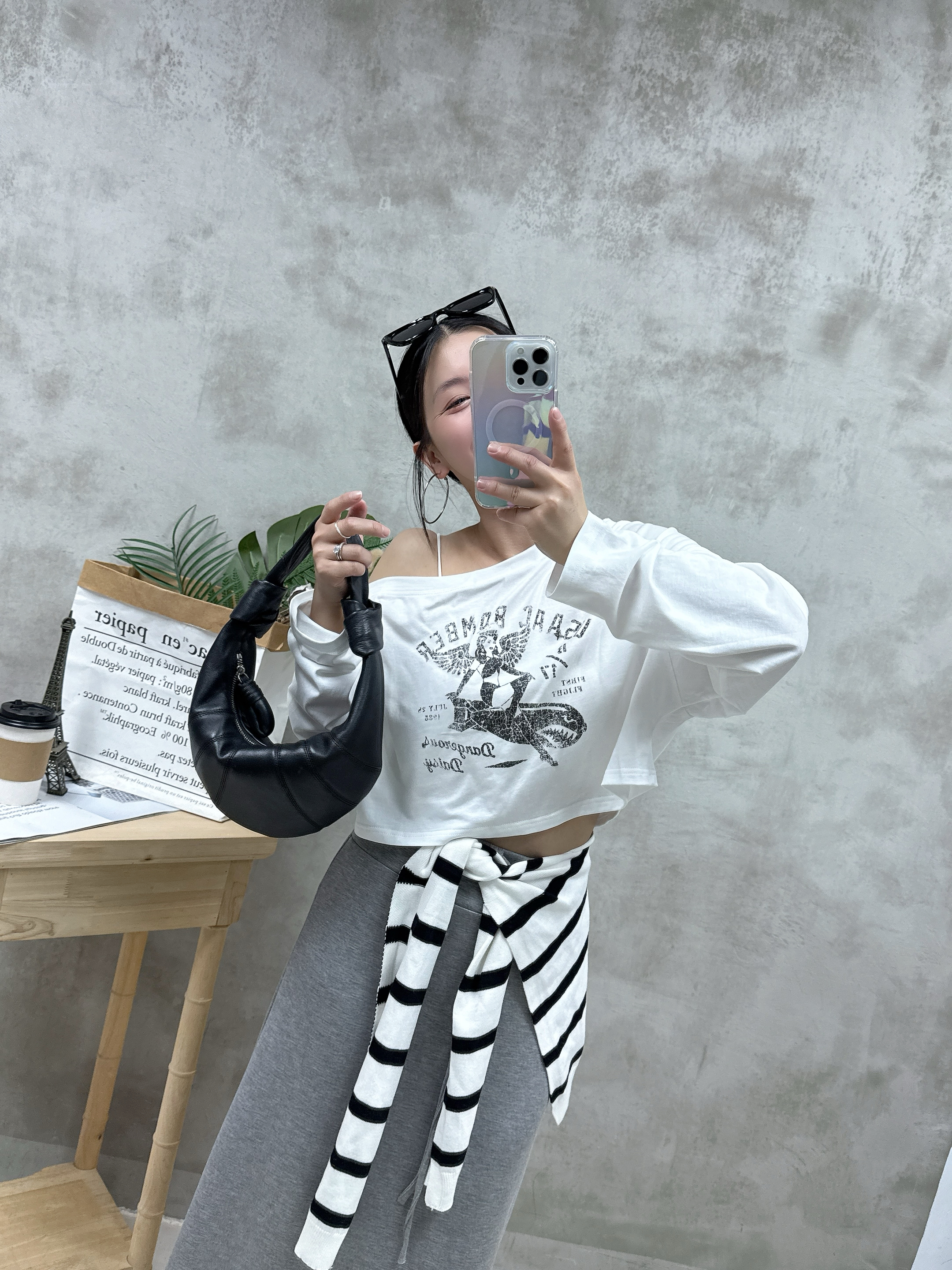 背心+單邊露膊print Tee