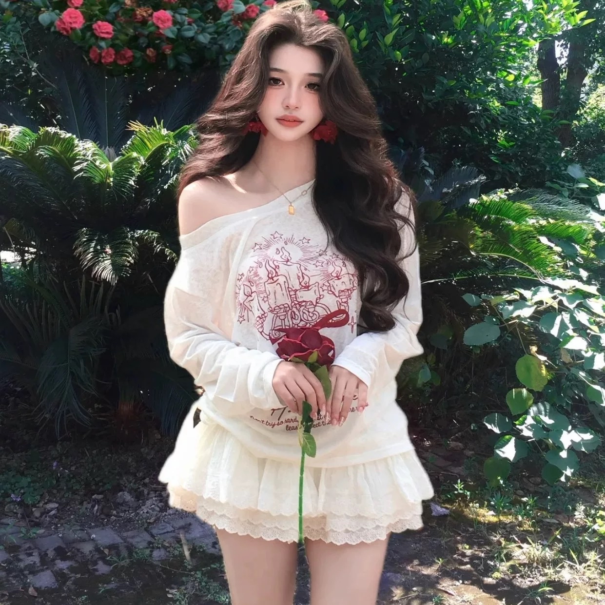 TP568蝴蝶结印花斜肩