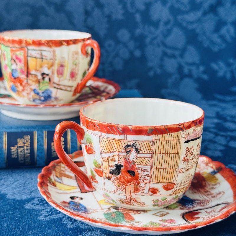 Vintage Pre-1950s Egg-Shell Quality Hand-Painted Japanese Tea Set Pair – Elegant Kimono-Clad Ladies in Traditional Home Scenes(MT2033)