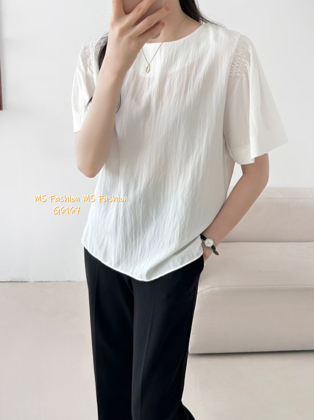 G6167 韓國🇰🇷淨色肩皺摺top