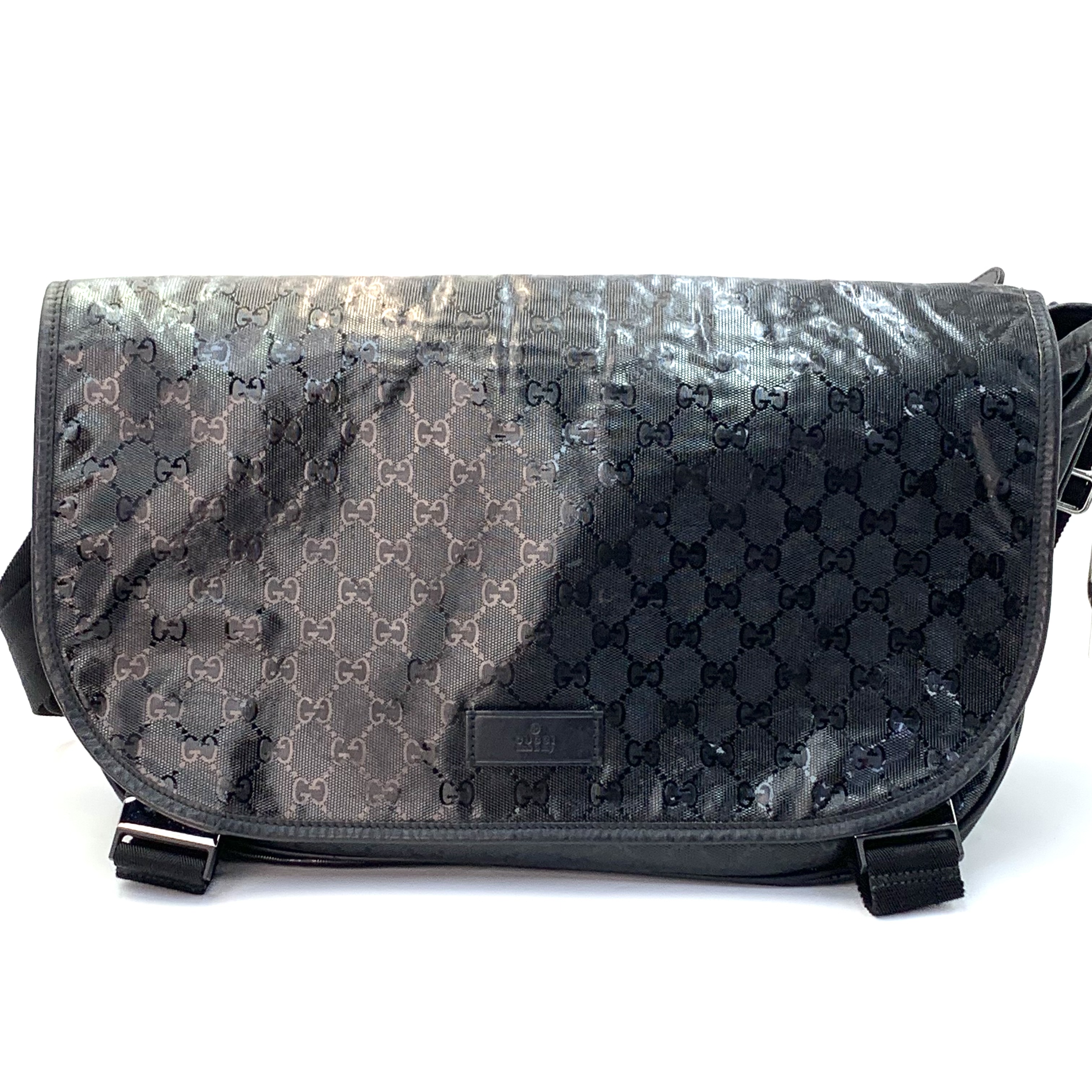 Gucci 古馳 水晶皮 滿印黑色郵差包*男女同款*