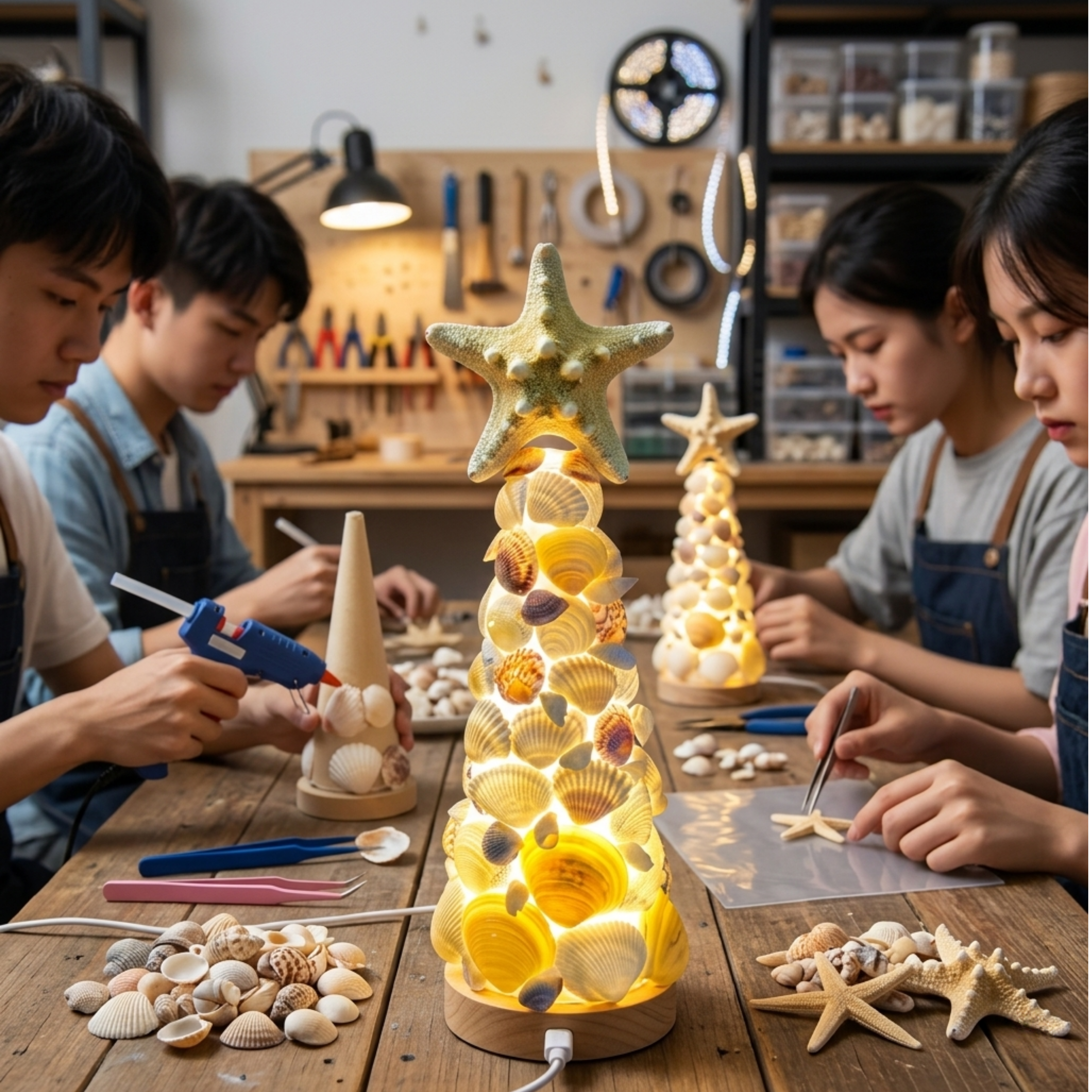 DIY貝殼樹燈材料包｜海洋風聖誕樹燈｜療癒系夜燈｜可提供外展教學 🎄🐚💡