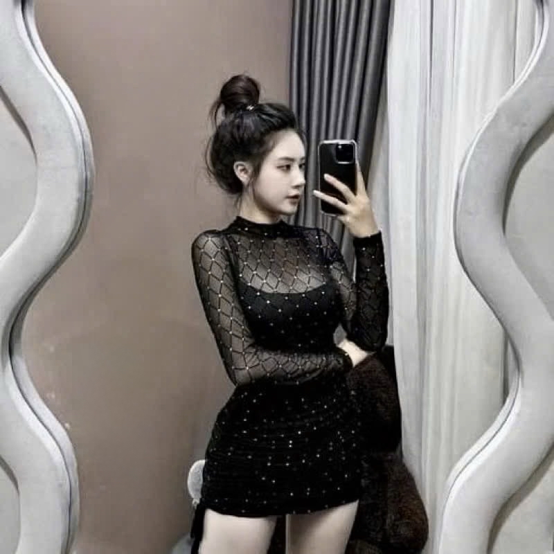 黑色網紗迷你連身裙 两件套