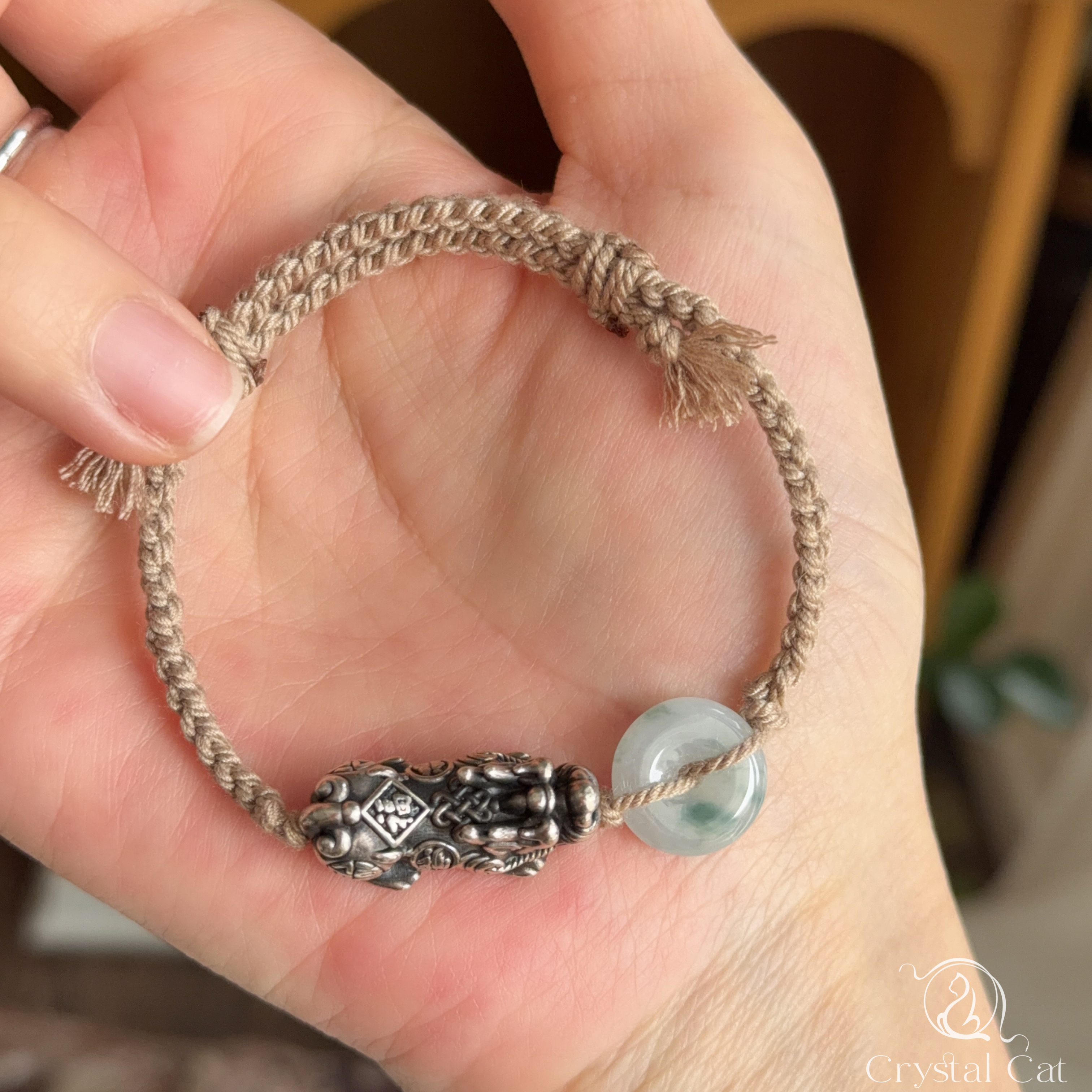 純銀貔貅+天然翡翠平安扣襯手绳