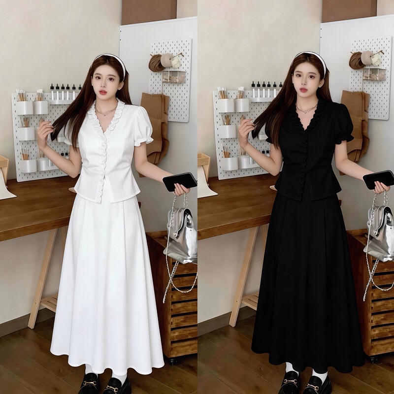 B111(9999) 韩系温柔甜美风拼V领前部木耳边上衣与长裙黑白套装