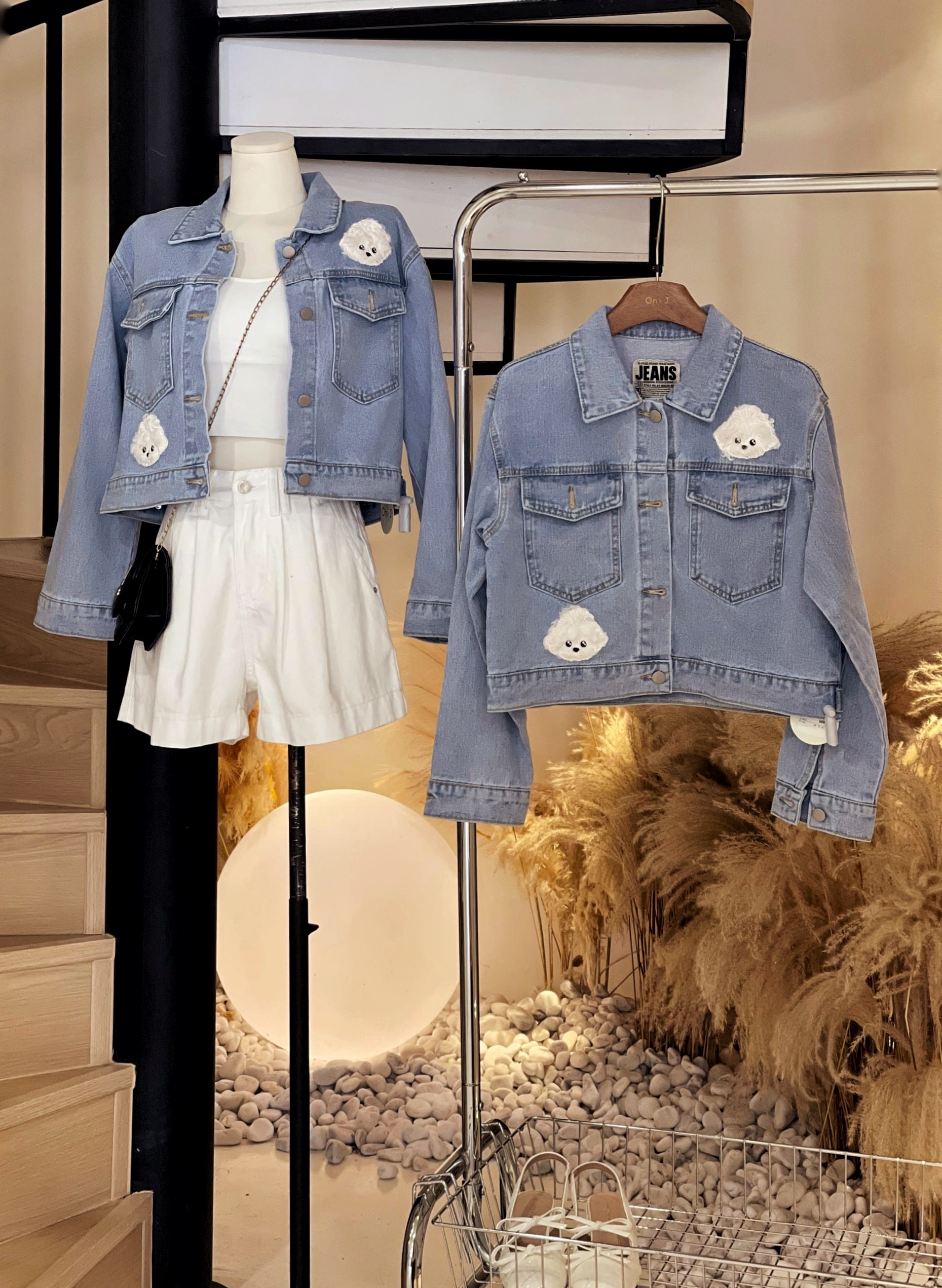 两只白毛狗牛仔外套