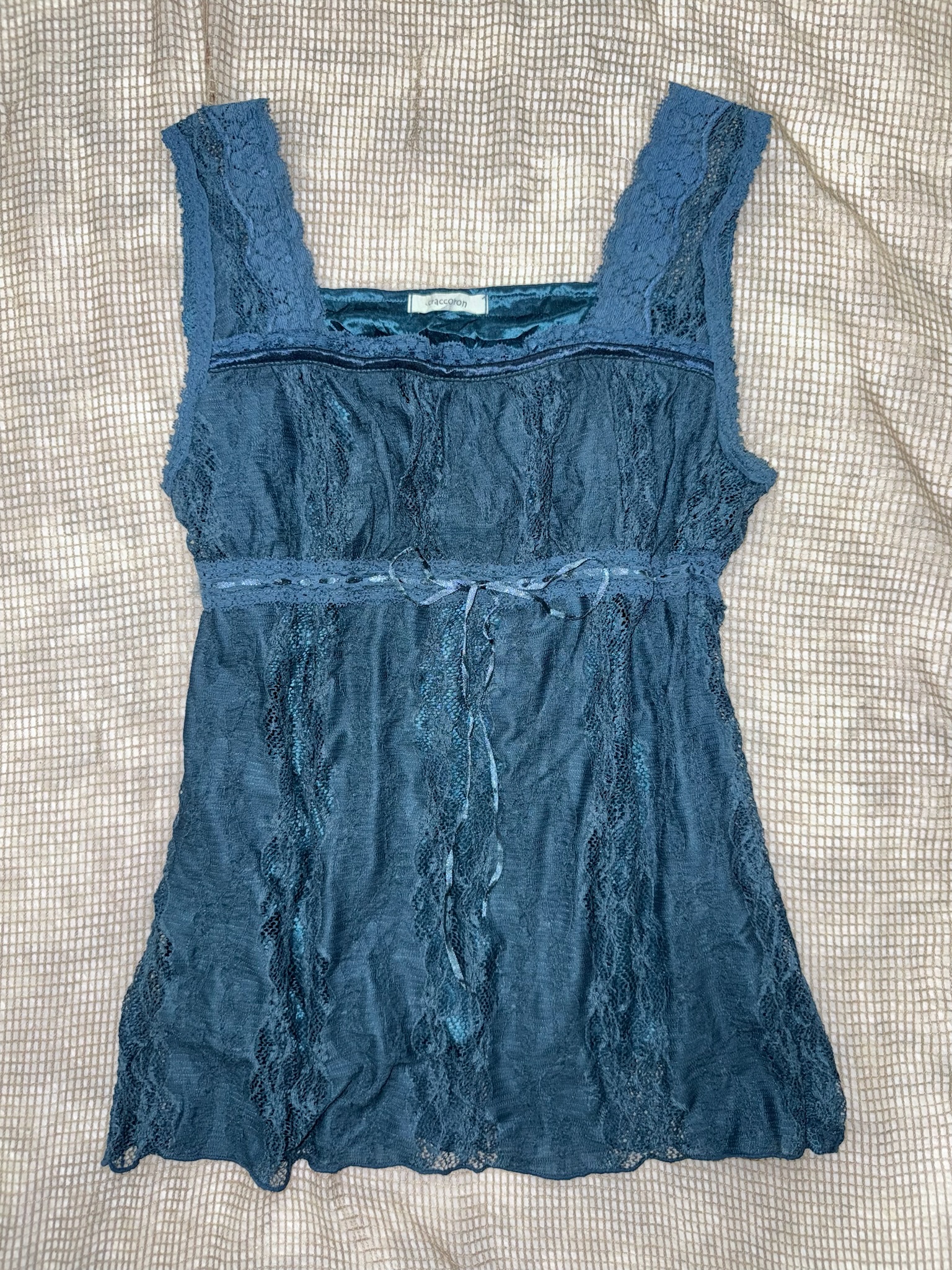 Vintage Teal Blue Sleeveless Lace Trim Tunic Top