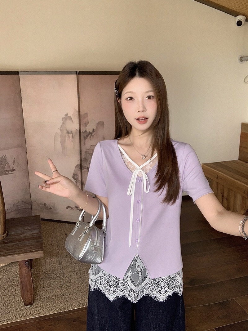 B116(36686) 法式假两件拼里蕾丝系带V领黑紫上衣