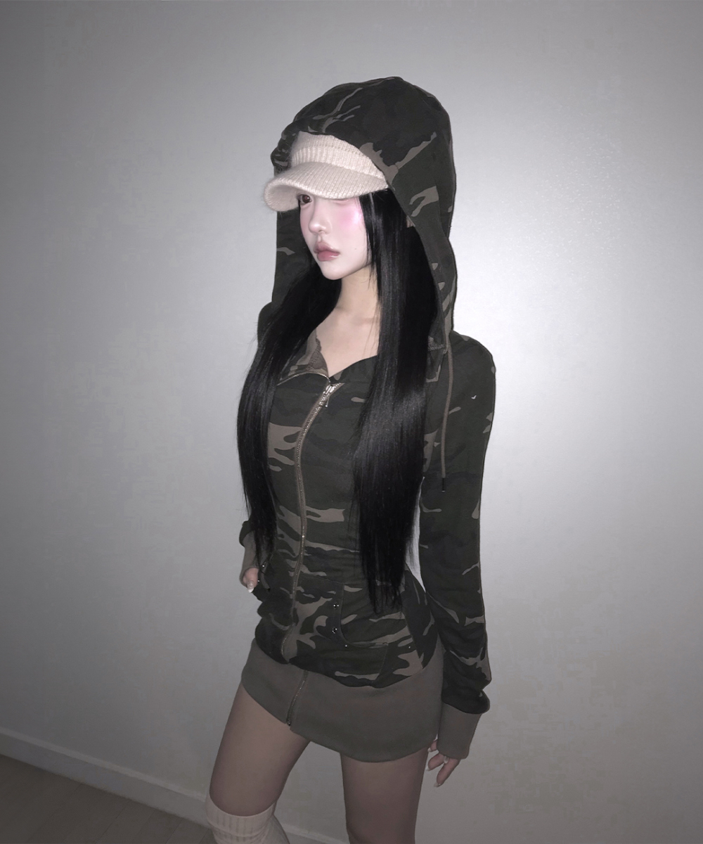 Camo Zip-Up Hooded Mini Dress