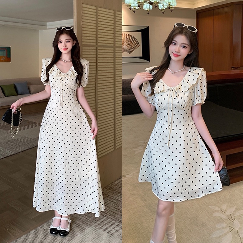 B306(3980短) 短款法式荷叶边领波点显瘦杏连身裙