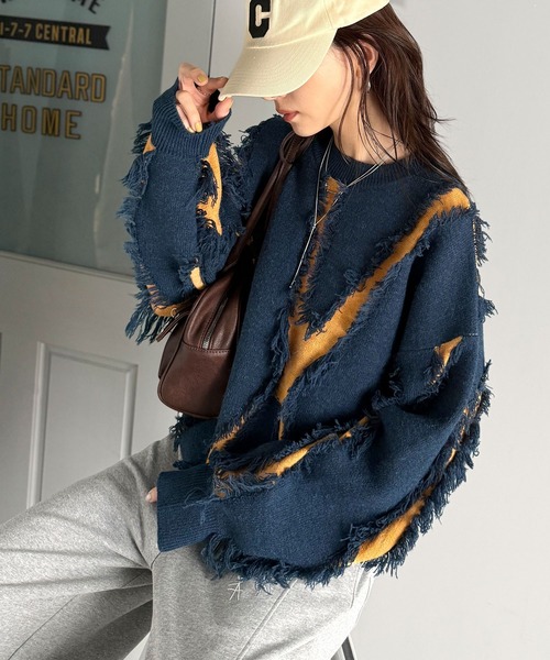 不規則流蘇拼色針織上衣【JT019】