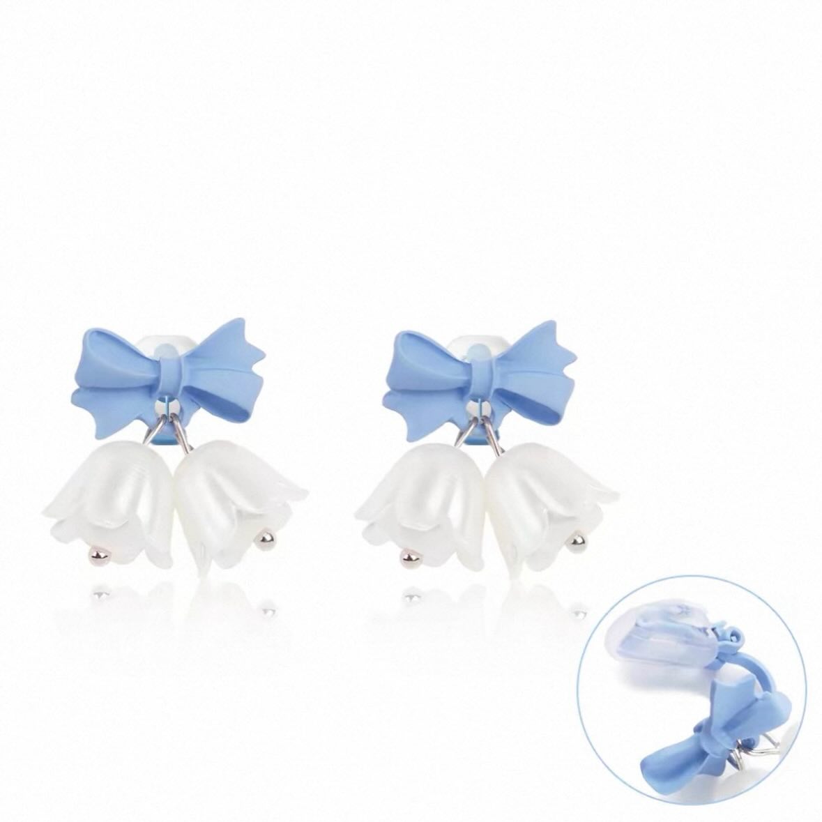 藍蝴蝶結×雪白花瓣耳環／耳夾 
