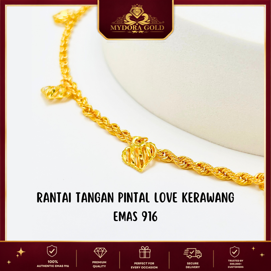 MYDORA Rantai Tangan Pintal Love Kerawang l EMAS 916/22K