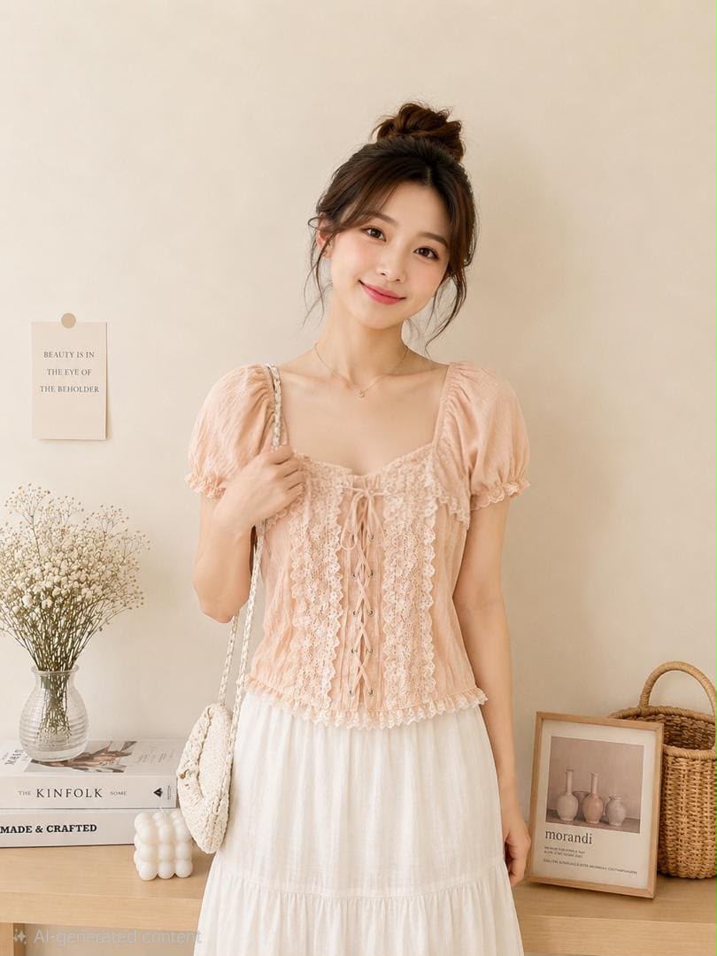 A012302 Korean Sweet Puff Sleeve Crop Top