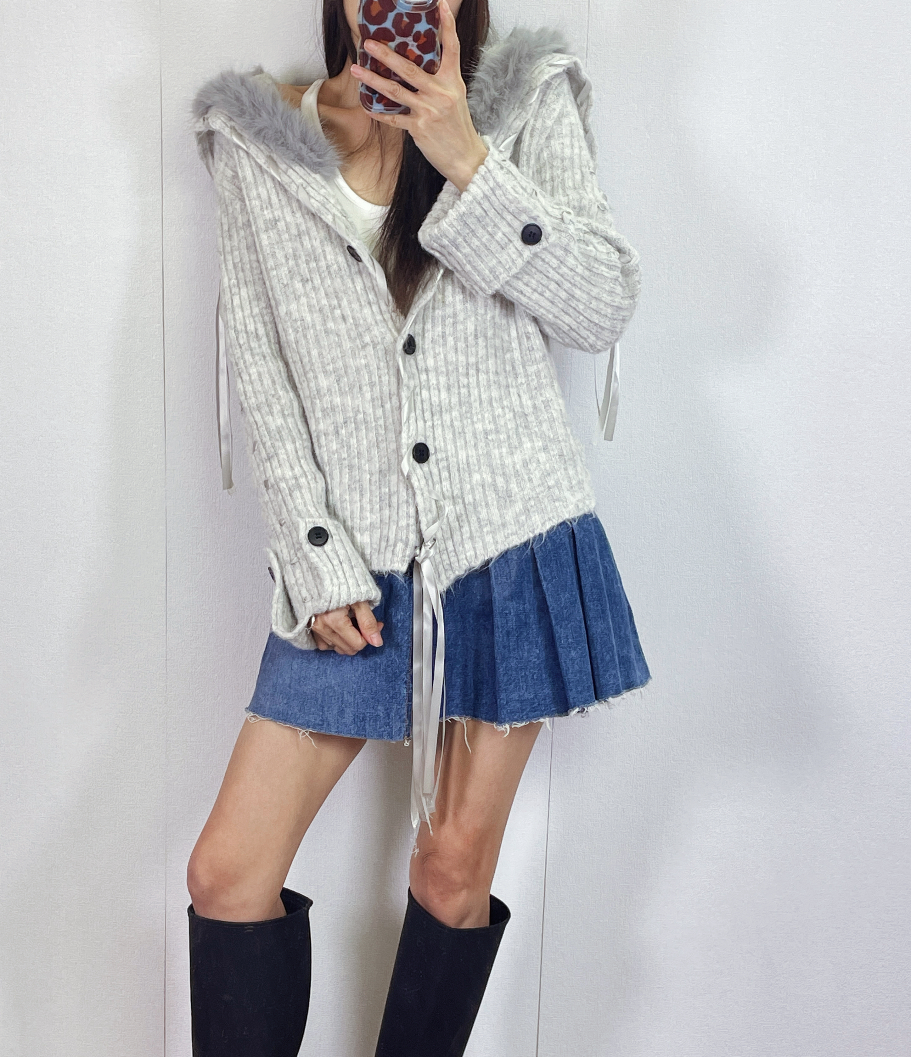 K5531 毛毛領拼絲帶針織外套