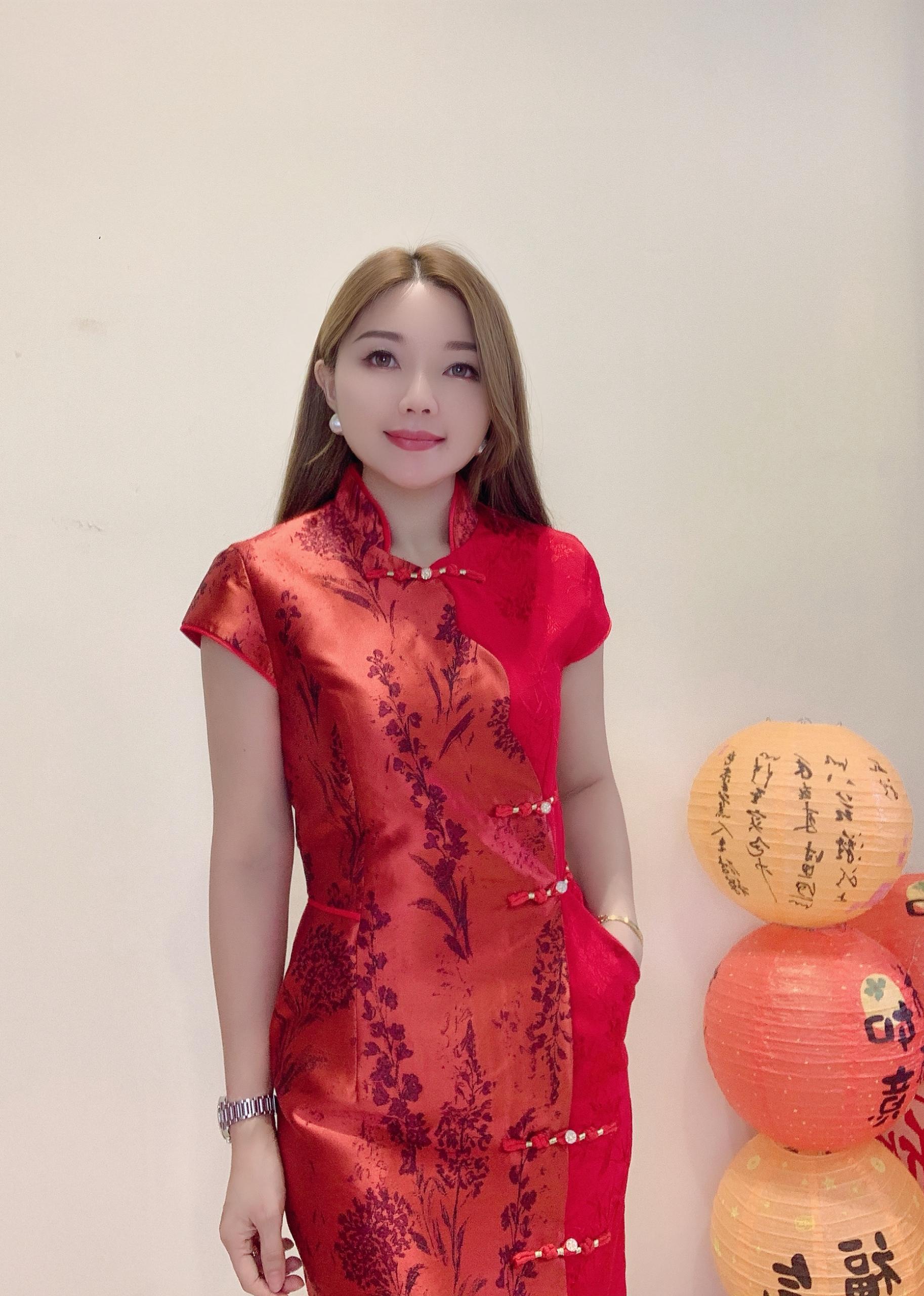 双色旗袍连身裙 红色2126