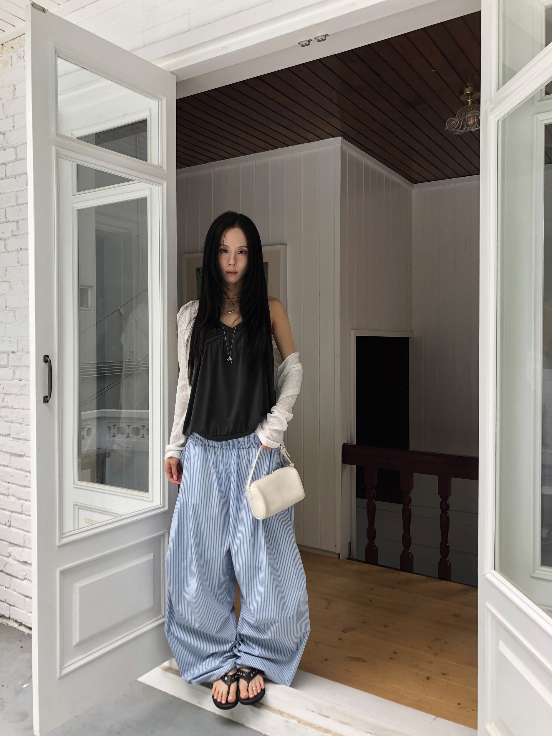 Pinstripe Pintuck Wide-Leg Pants