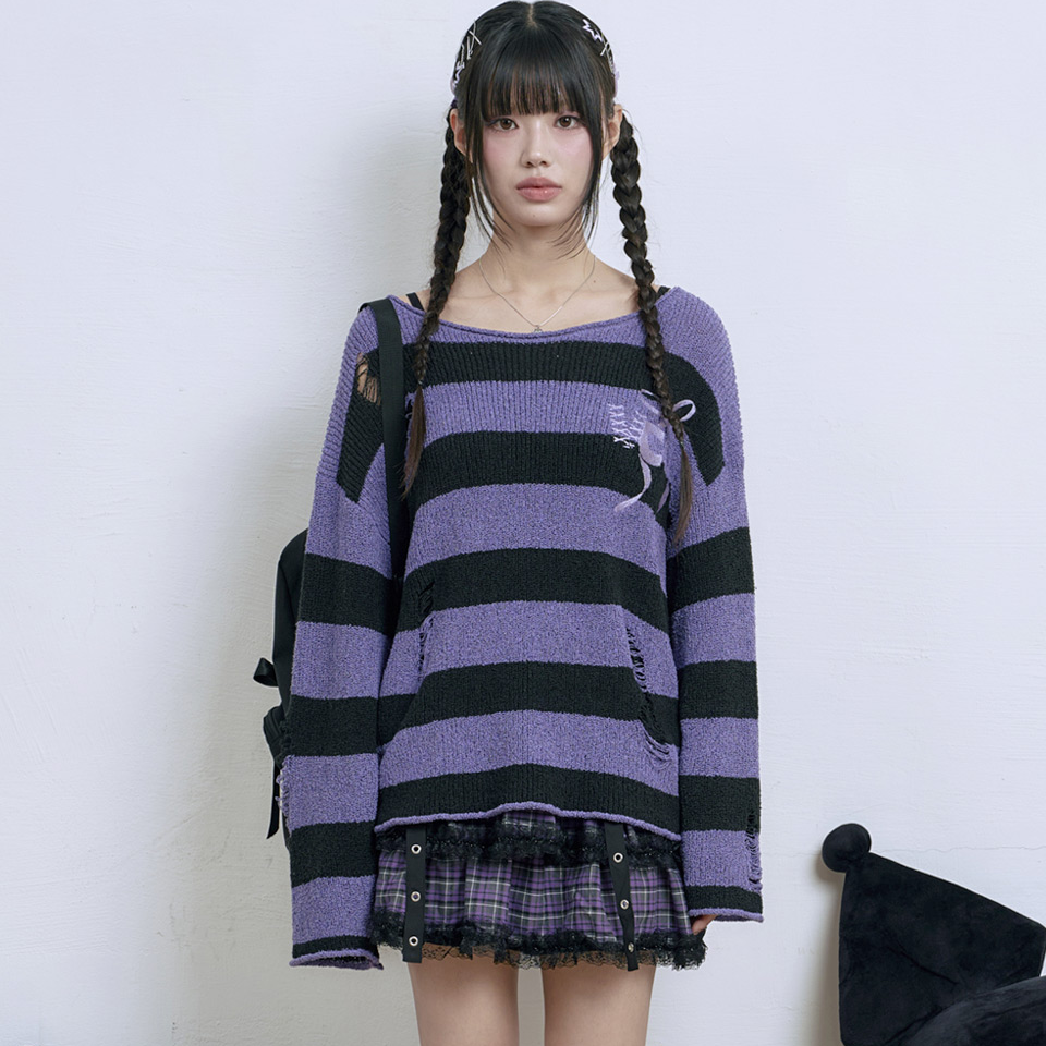 Venhit x Kuromi Striped Damaged Knit (Purple)