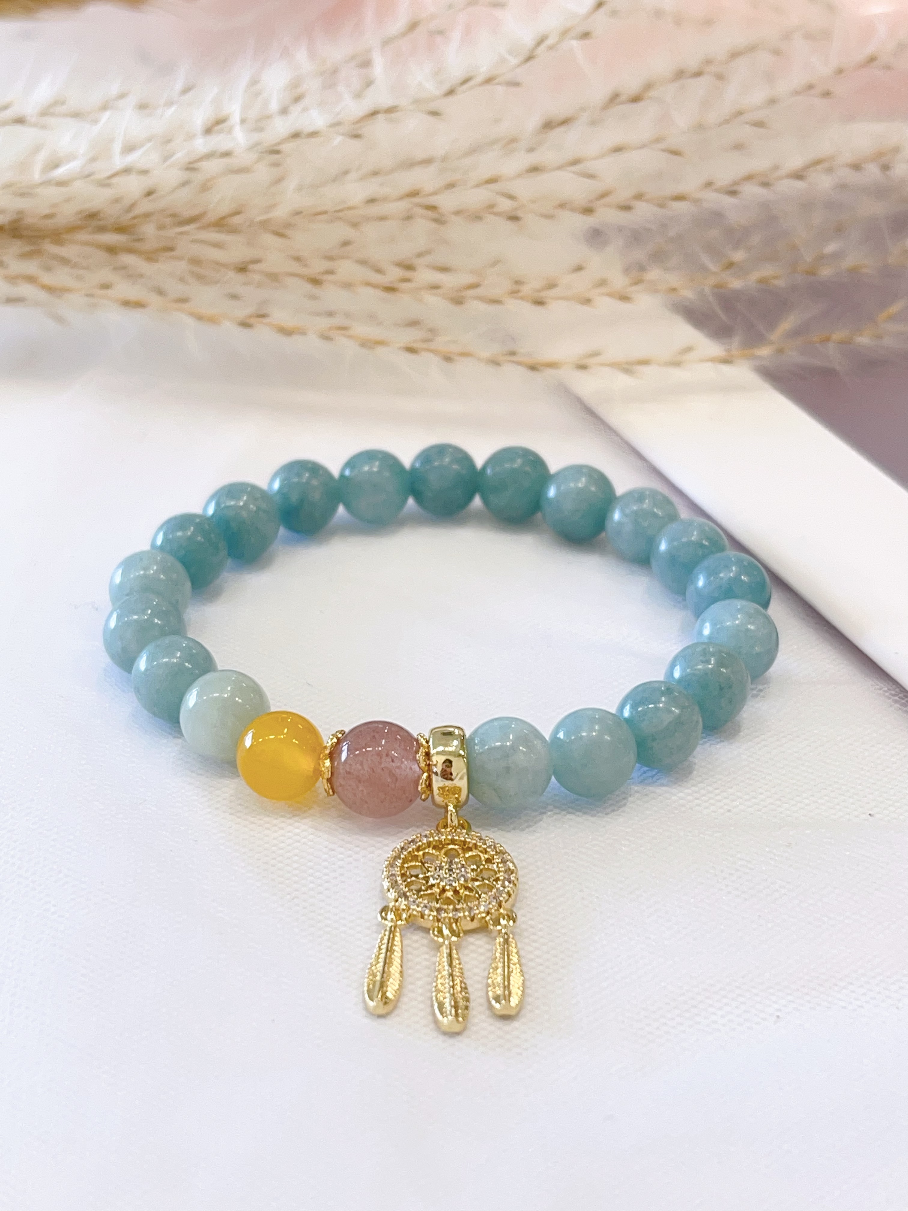 💎 蓝水翡翠 × 草莓晶 × 蜜蜡 × 铺梦网吊饰手串 Blue Jade, Strawberry Quartz, Beeswax & Dreamcatcher Charm | 8mm