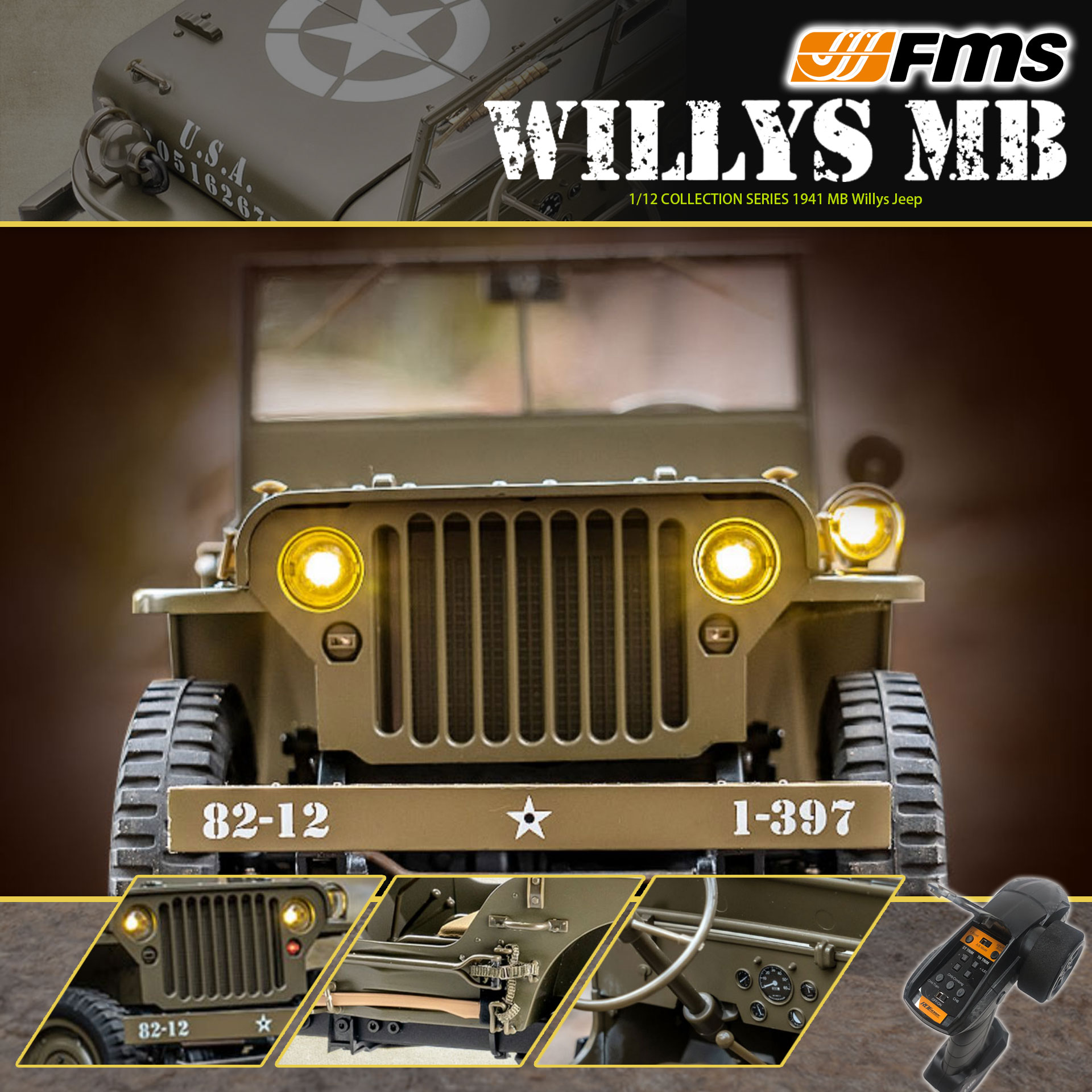 全新 🌟 FMS 🌟 1:12 WILLYS MB 威利斯 軍車 | 2.4Ghz 遙控 | 4輪驅動 | 聯動燈 | 車頭大燈及尾燈 | 迷你慢爬車 | 遙控車 | 像真迷你遙控車