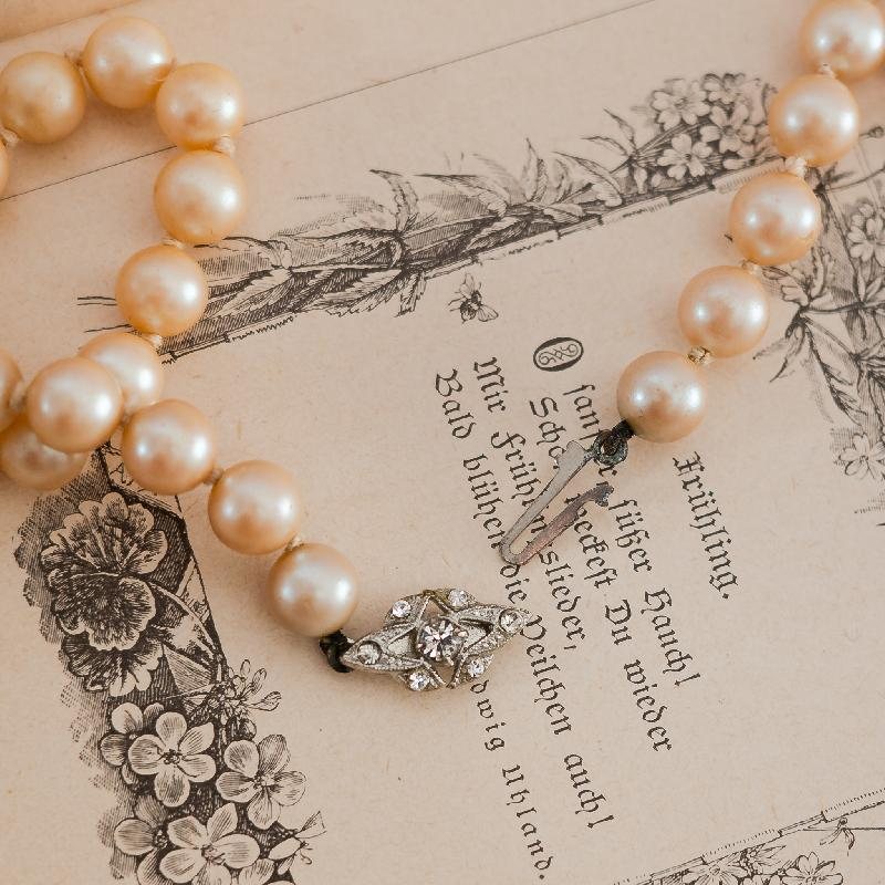 c.a. 1960s England Hand Knotted Champagne Rose Glass Pearl Necklace - 60cm (EC511)