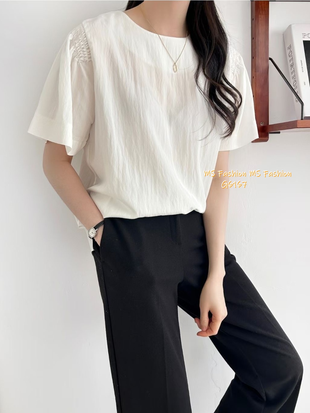 G6167 韓國🇰🇷淨色肩皺摺top