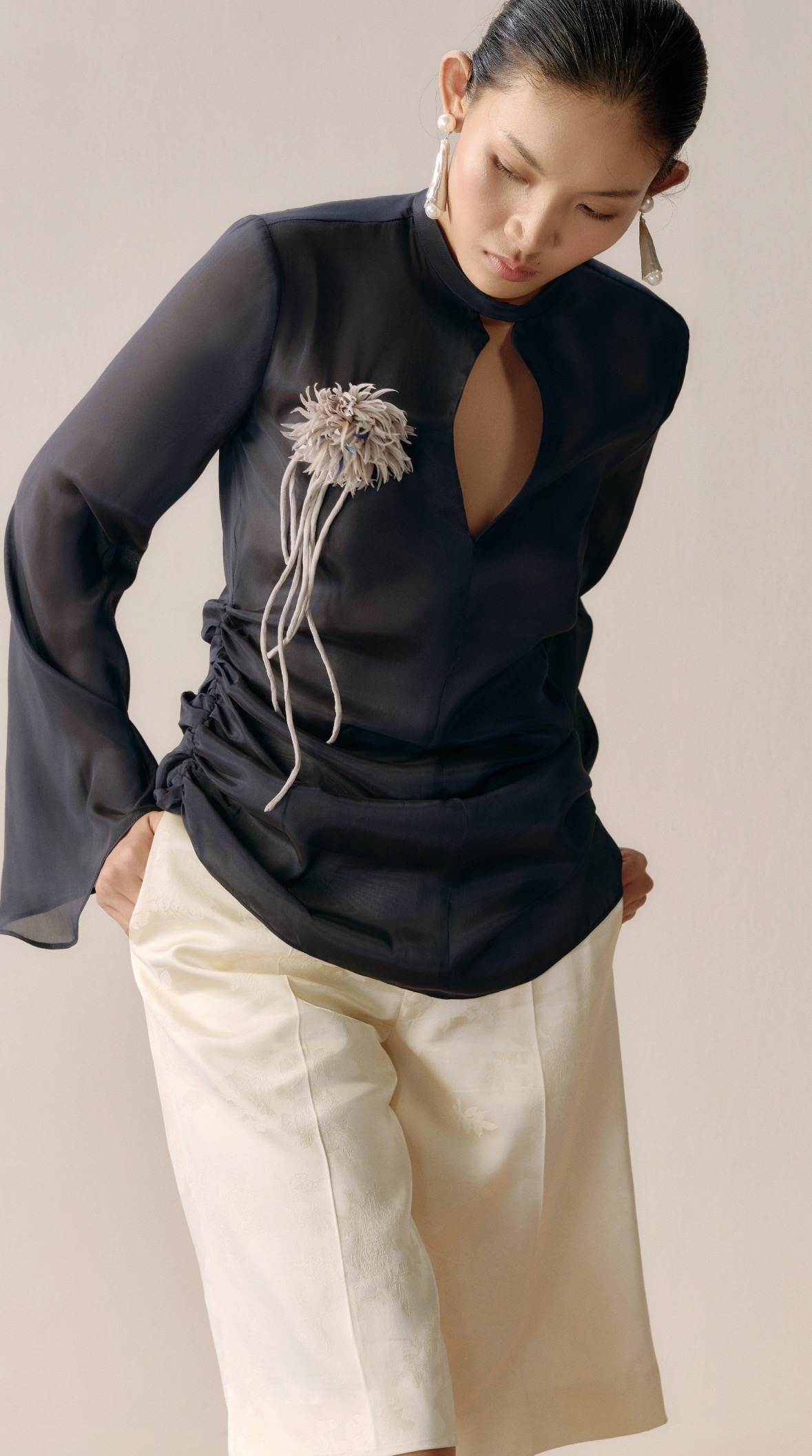 Slit-front Mesh Shirt