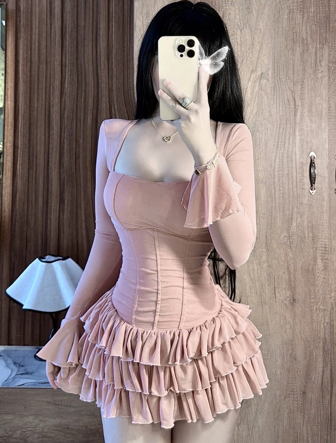 長袖荷葉邊迷你連身裙 