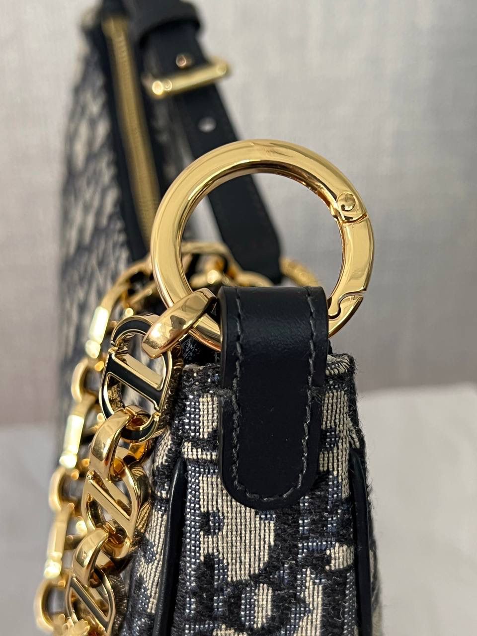 CD LOUNGE 手袋蓝色 Oblique 印花👜✨ 独家渠道货 独家腋下包老花 尺寸：26 x 15 x 5.5 厘米 这款 CD Lounge 手袋是2023夏季新品，彰显 Dior 的现代审美与高订风范。 采用蓝色 Oblique 印花面料精心制作，突显 Dior 经典图案。 经典链条与皮革搭配，交替饰以金色饰面金属和同色调珐琅链环，可折叠设计，可肩背或手提。 拉链开合搭配 CD 拉链头 可调节肩带，链条部分由金色饰面金属和与皮革同色调的珐琅 CD 链环组成，搭配皮革带 内含防尘袋