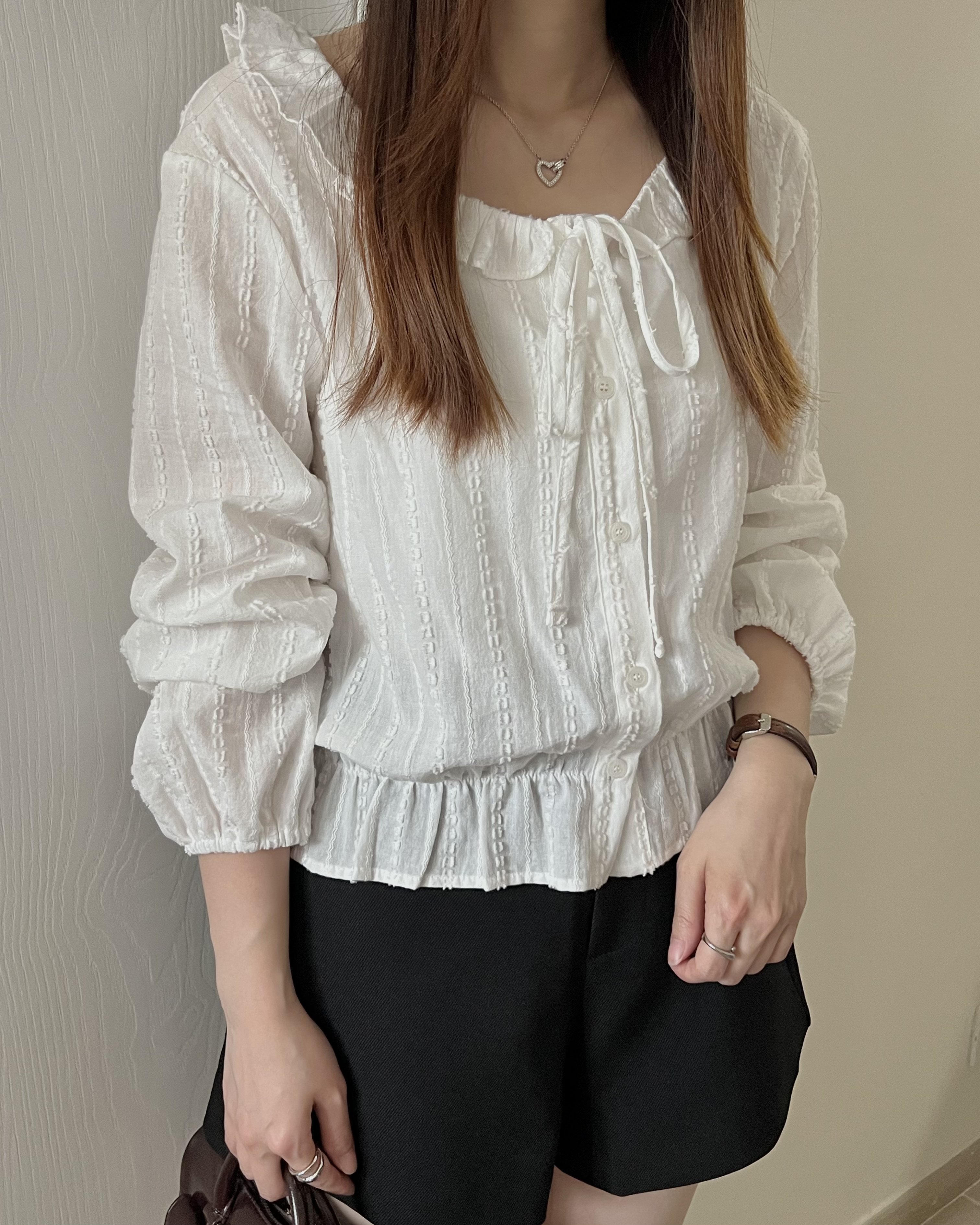 法式甜美虛線紋綁帶blouse 現貨
