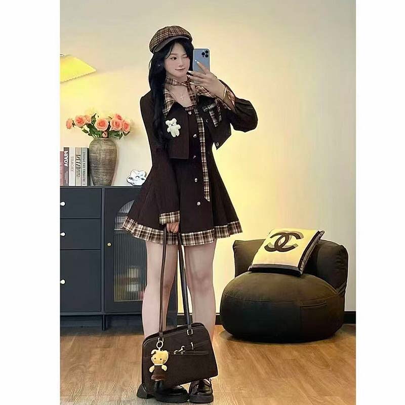 B187(10309短) 短款法式气质边格纹吊带裙与短西装外套咖蓝两件套连身裙