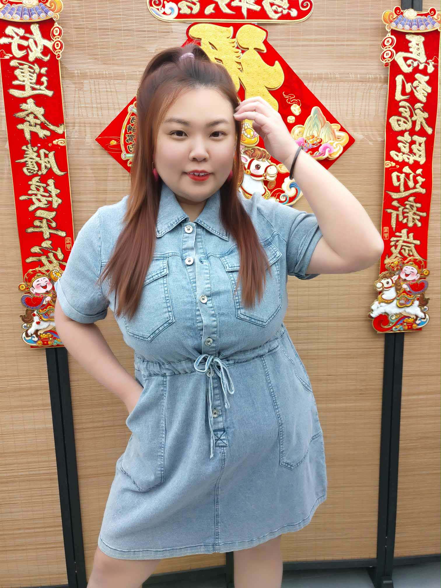 DDH07 6055(B12) 腰间可抽绳牛仔连衣裙