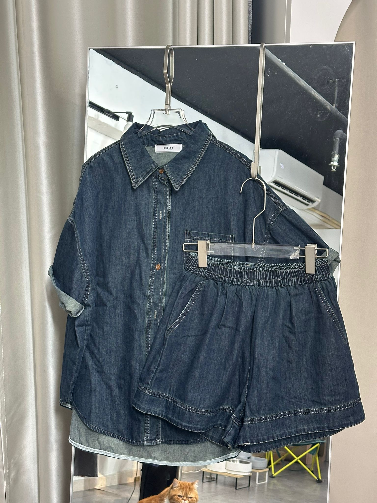 休閒denim襯衫短褲兩件套裝
