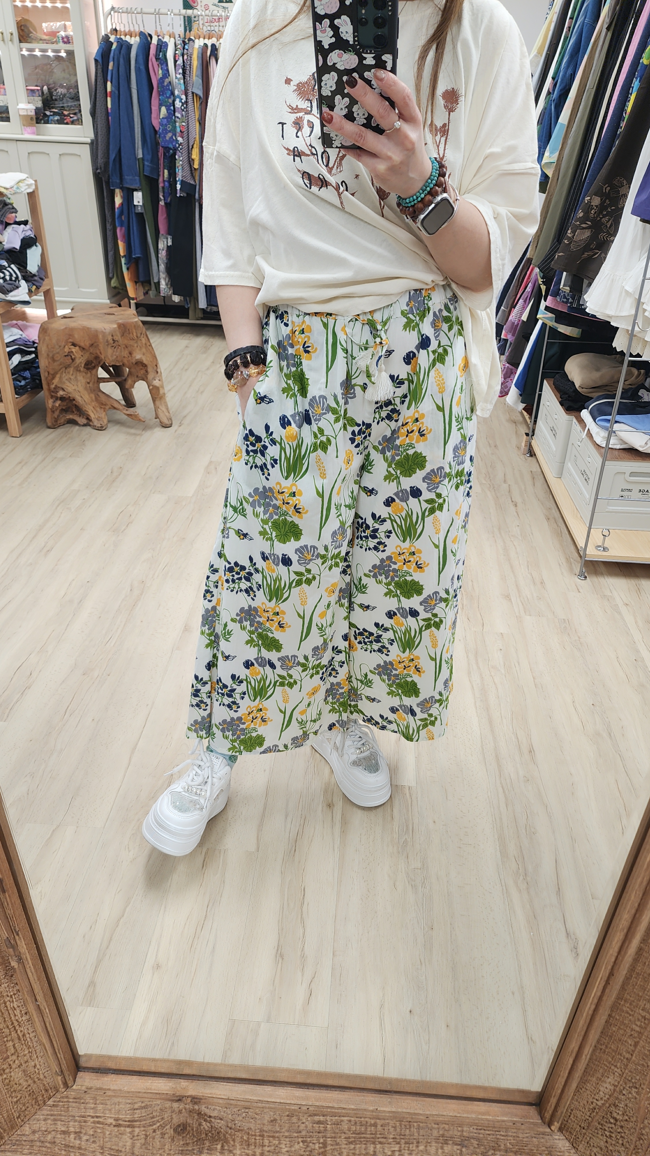 日牌粉綠花花圖案棉麻橡筋褲