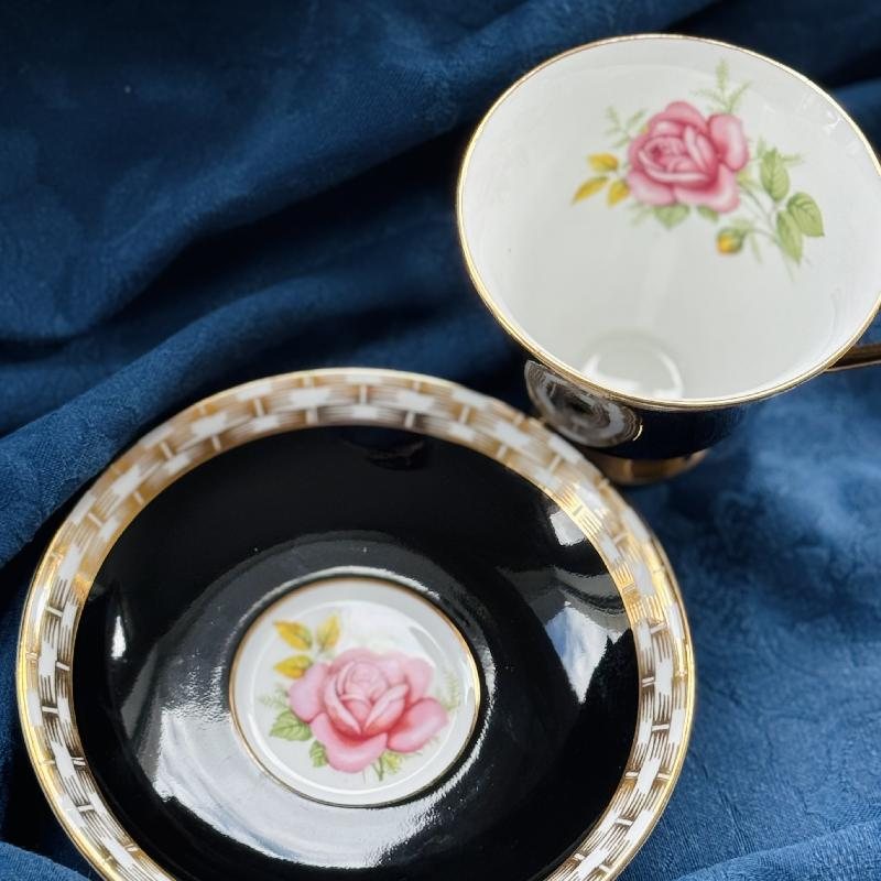 C.a. 1950-60s Windsor Made in England Bone China Black Tea Set Duo with Rose Pattern and Wicker Trim (MT2038)