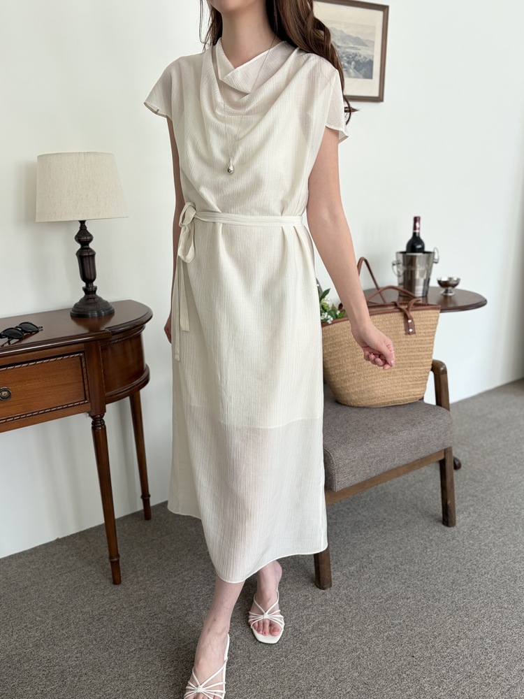 Draped Neck Dress with Inner Slip (Cream)