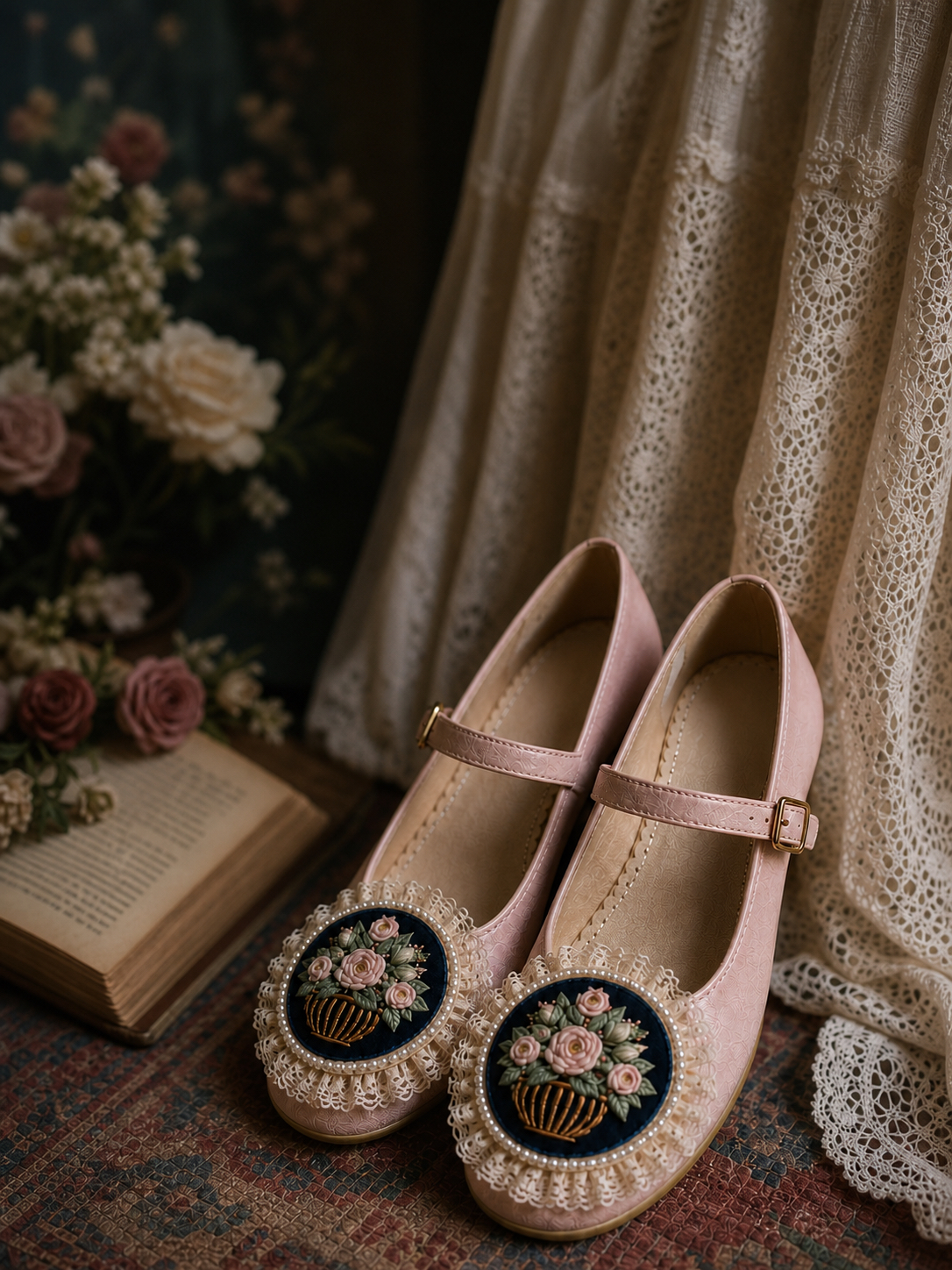 維多利亞玫瑰花園刺繡瑪麗珍鞋Victorian Rose Garden Embroidered Mary Jane Shoes