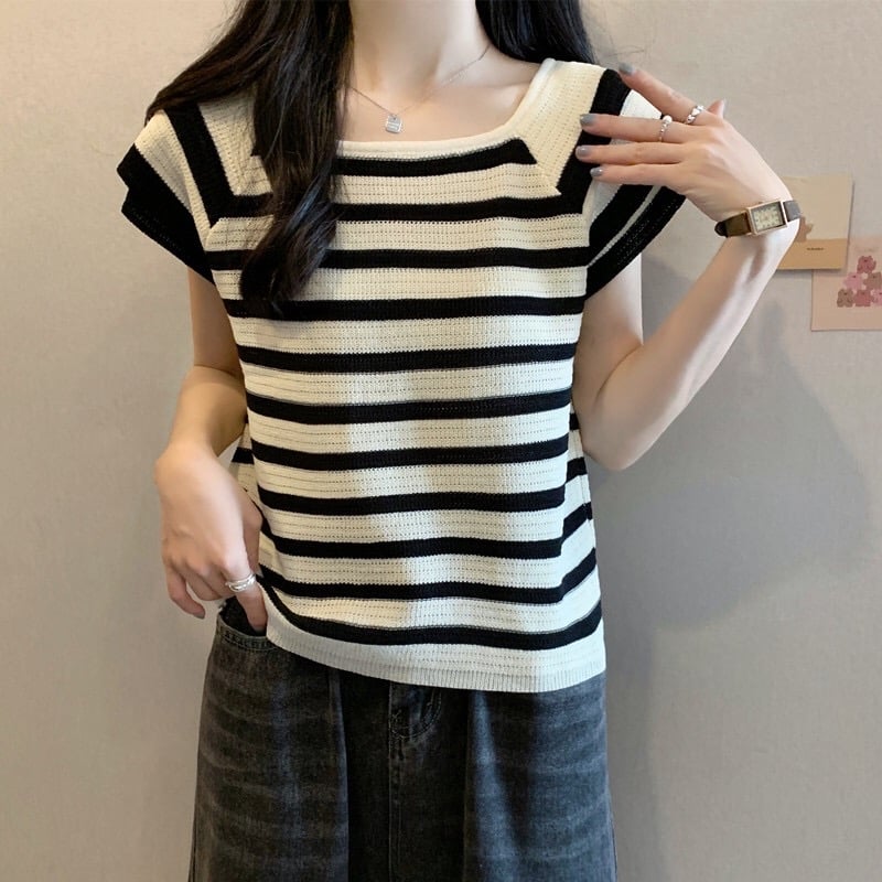 B37(880) 韩版气质横条纹拼接双层飞飞袖黑杏针织上衣