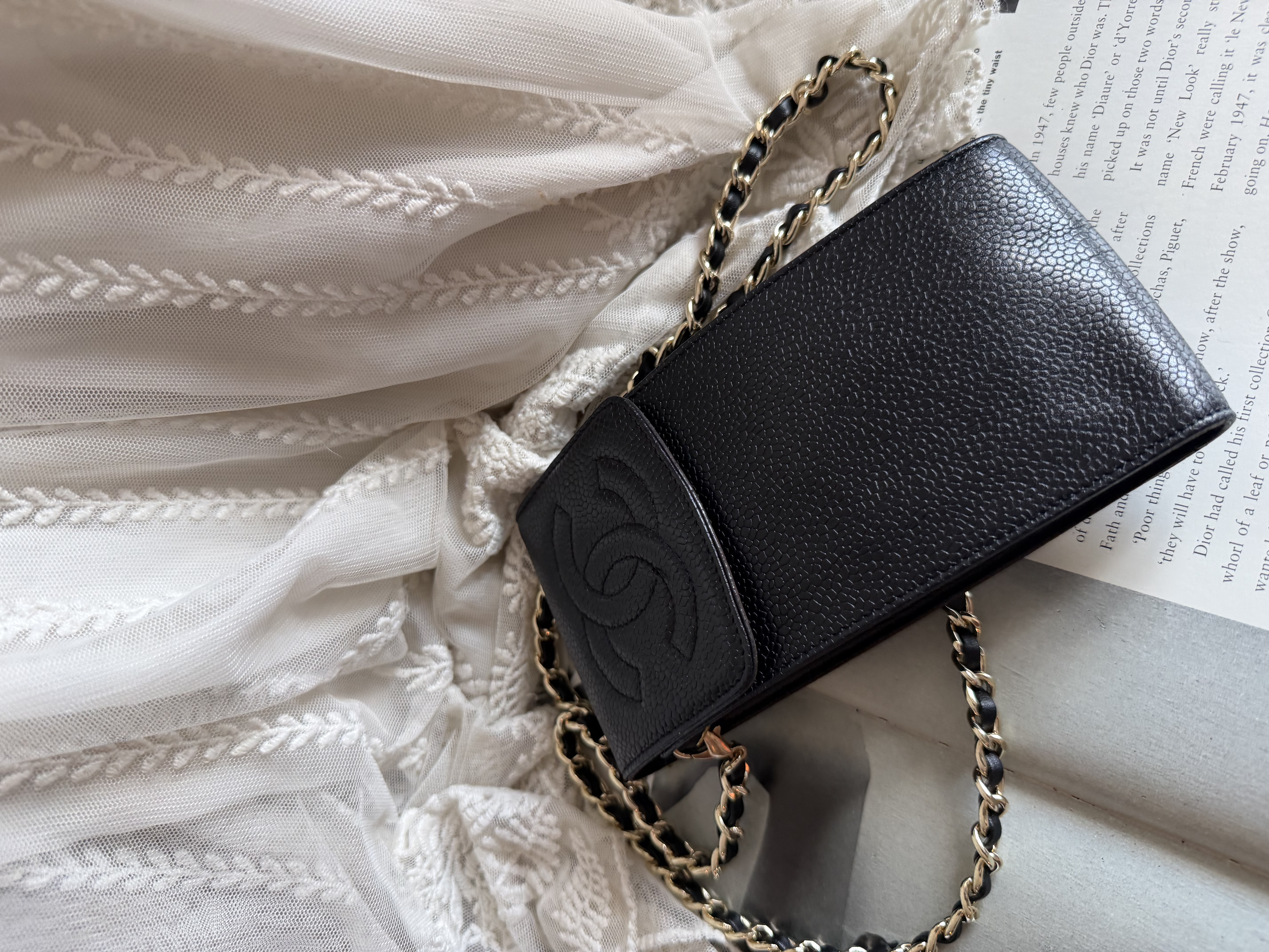 Vintage chanel black caviar leather phone holder sunglassess holder 