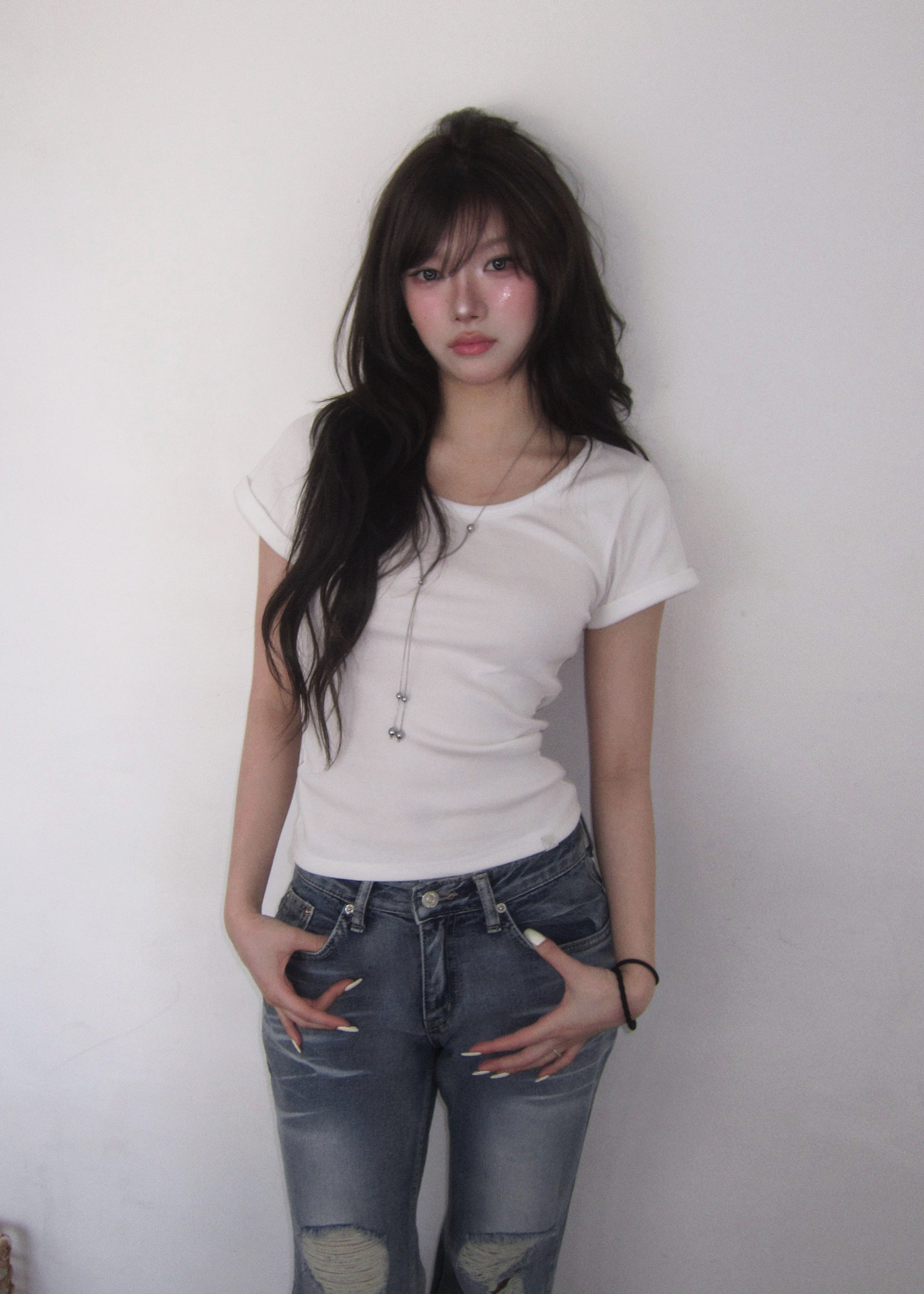 Washed Distressed Flare Jeans