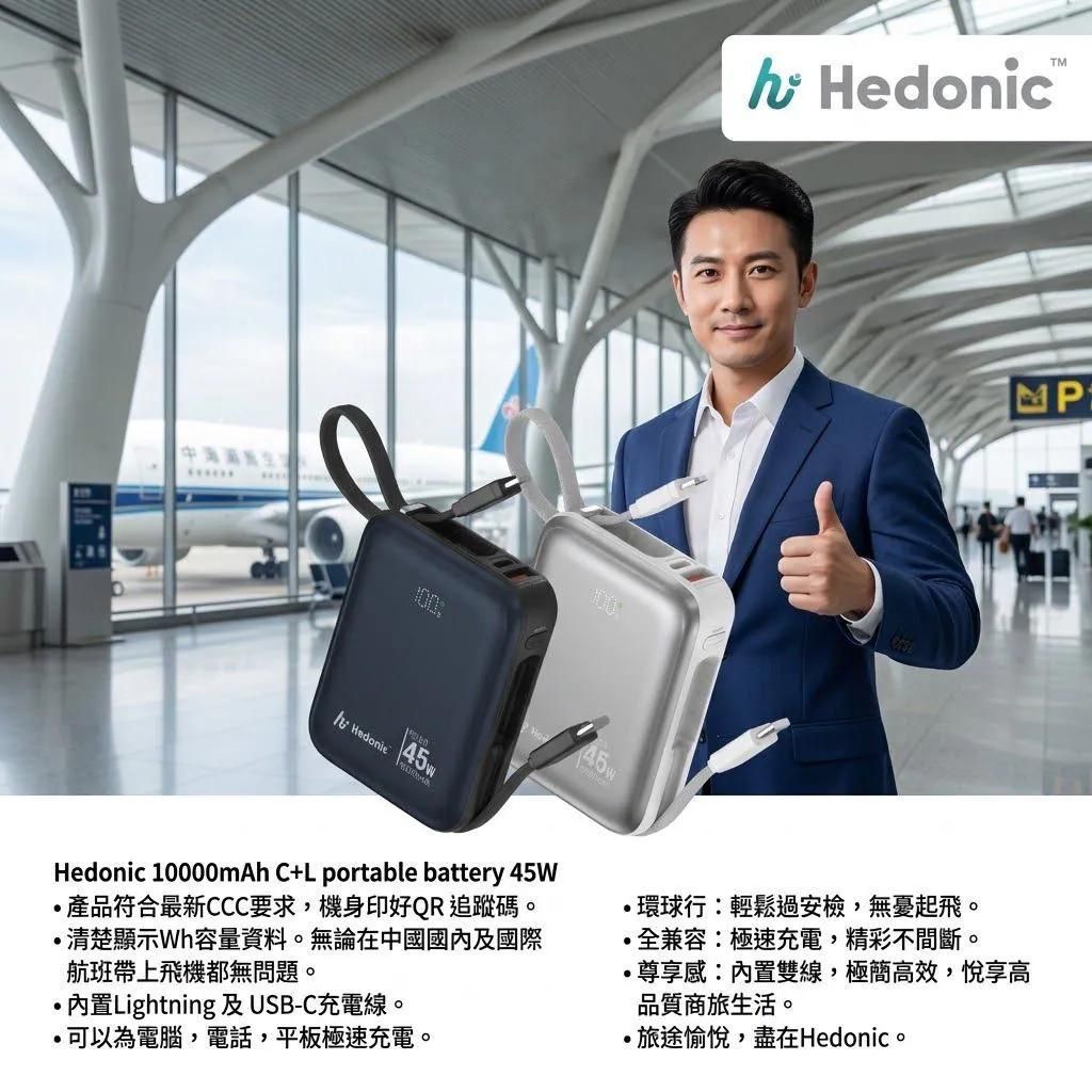 *Heodnic PD 3.0 45W快充 10000mah流動充電池(附嵌入式充電線) CCC 認證 (二維碼)*