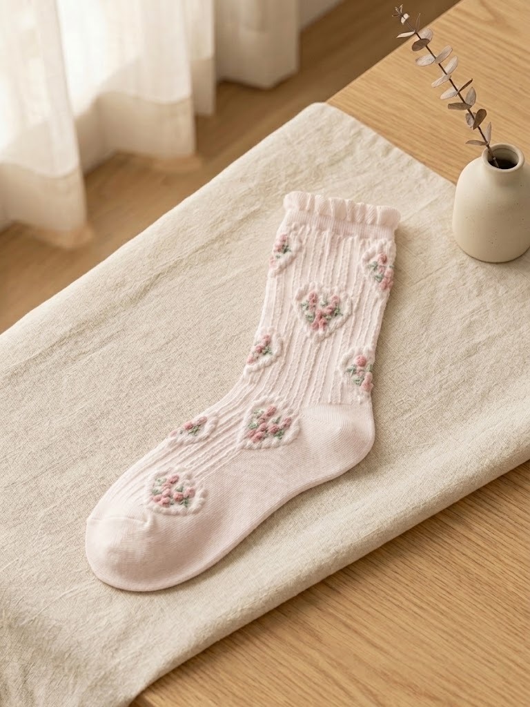 Korean Heart Rose High Crew Socks