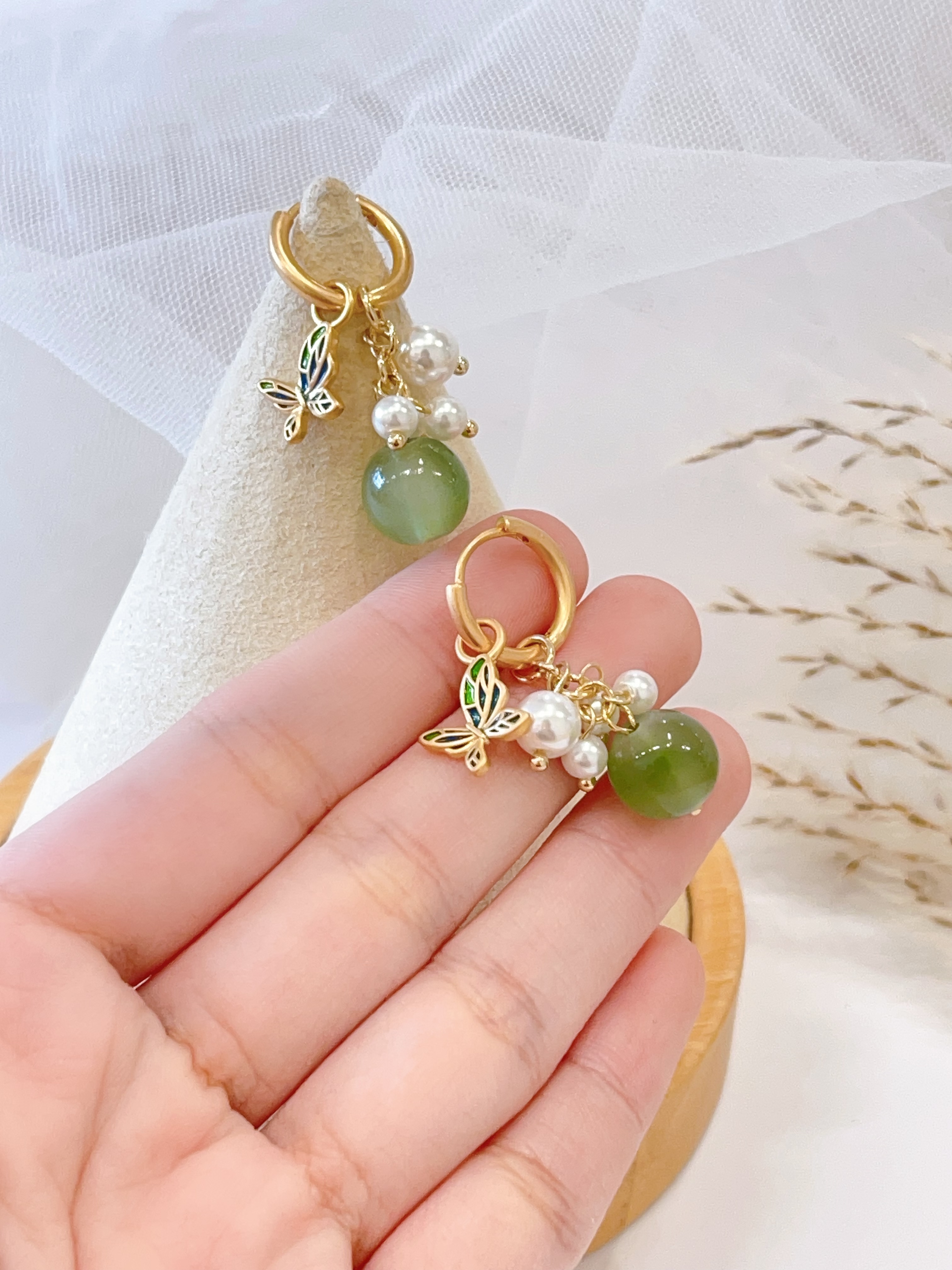 新中式蝴蝶珍珠玉珠耳环