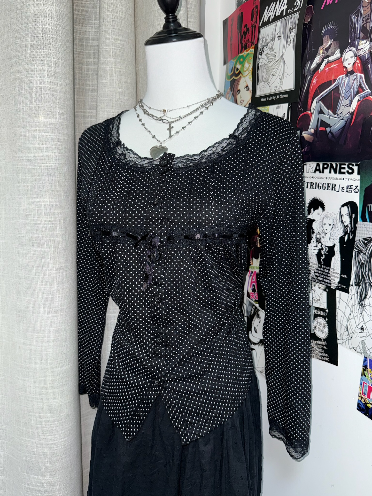 Polka Dot Square Neck Lace Patchwork Top with Bows